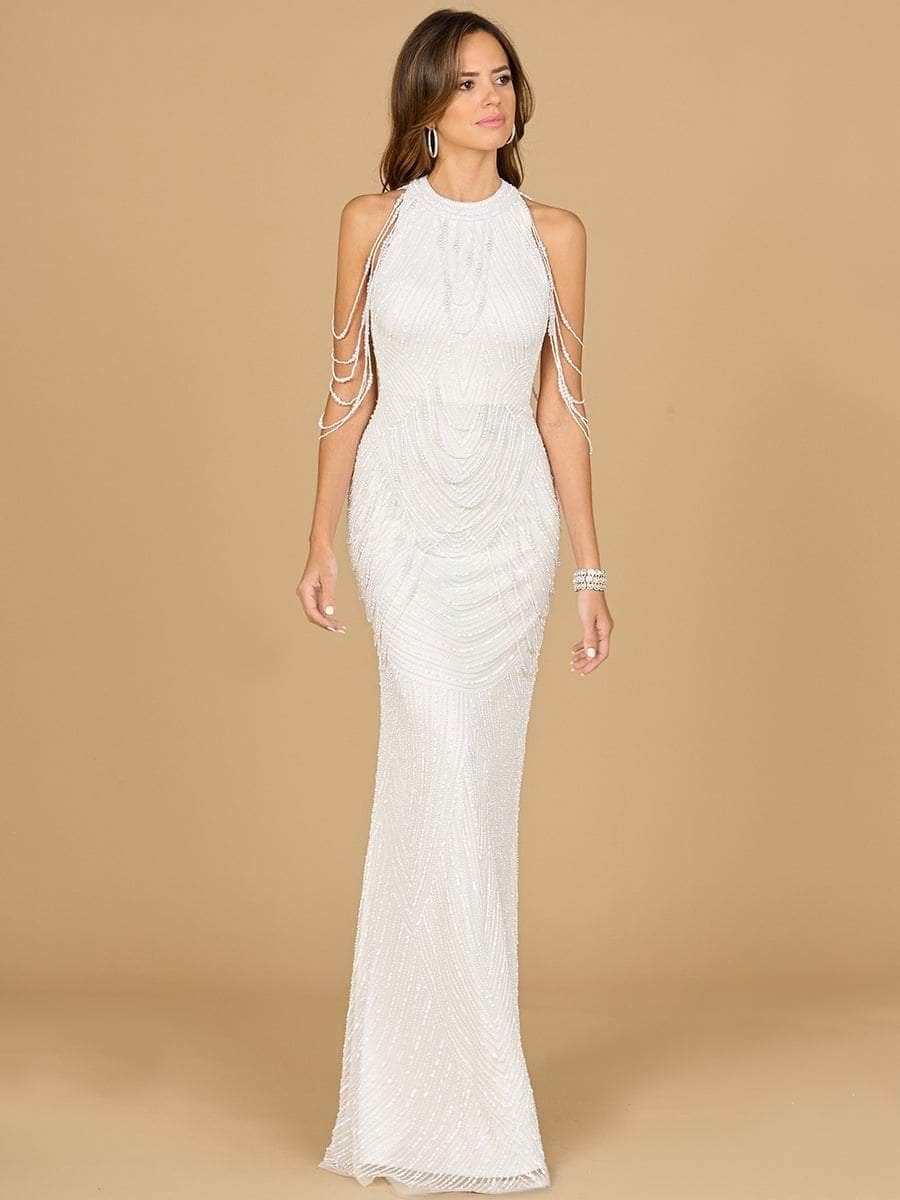 lara evening dresses 51185 - Long Beaded tulle on stretch knit lining Sheath Dress daytimewedding Color:Navy Blue Floral A sweep train finishes Daring Diva Women's Faux