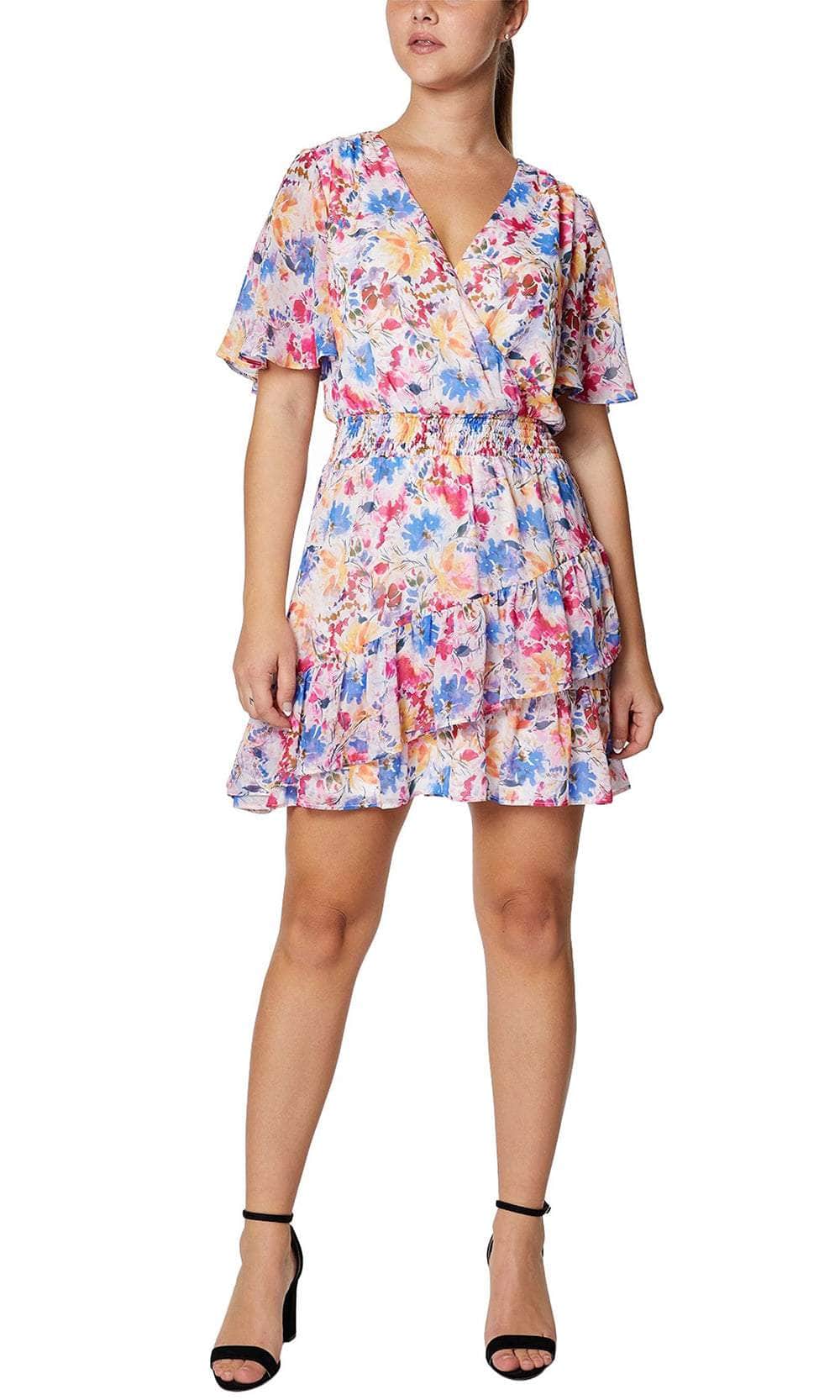 Laundry V-Neck Short Sleeve Elastic Waist Floral Print Tiered Woven Dress Water Color Garden / 14