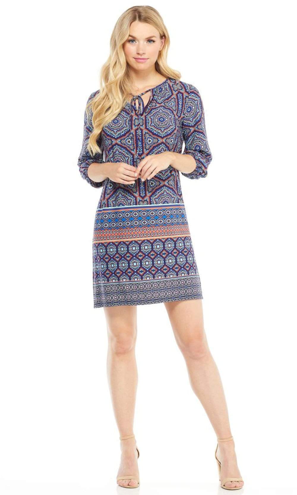 London Times - T3408M Multi Print Quarter Sleeve Short Dress Wedding Guest 2 / Blue Orange