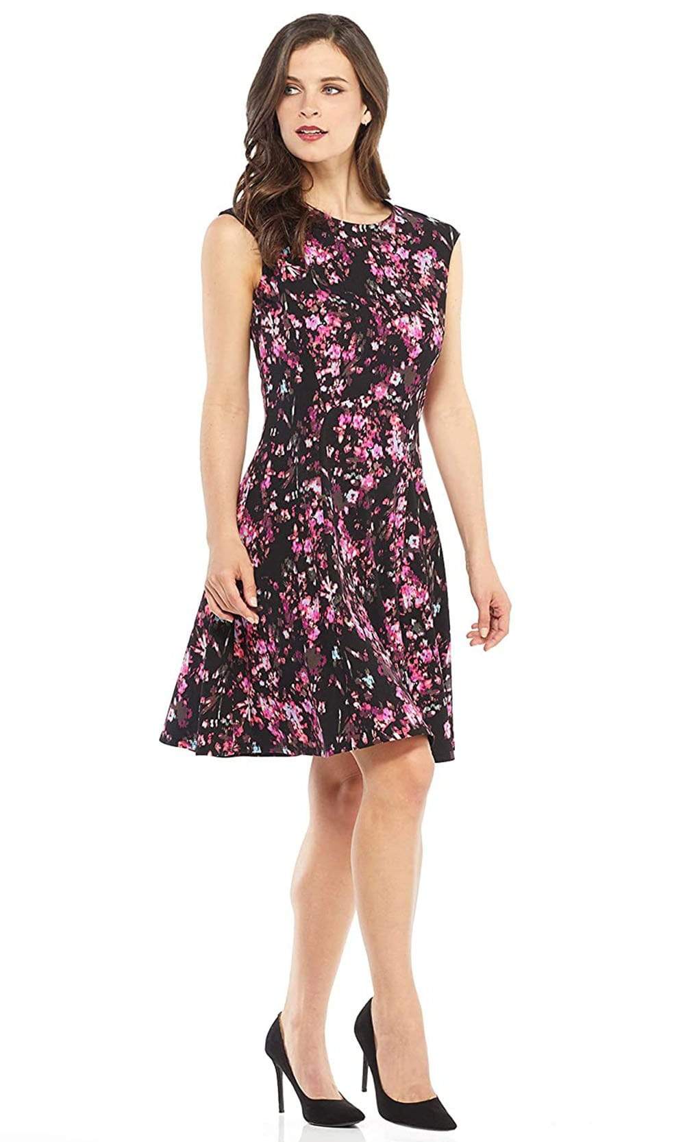 London Times - T3571M Floral Print Jewel A-Line Stretch Crepe Dress Cocktail Dresses