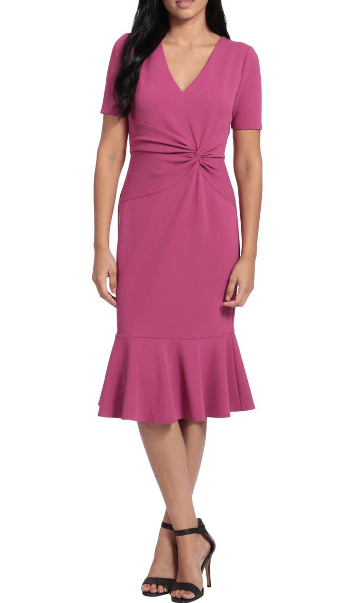 London Times T6064M - Tea-Length Scuba Crepe Sheath Dress - Short Sleeve, Knotted Ruched Accent, Full Back, Hidden Back Zipper, Ruffled Hem ADASA London Times T6064M - Tea-Length Scuba Crepe Sheath Dress - Short Sleeve, Knotted Ruched Accent, Full Back, Hidden Back Zipper, Ruffled Hem ADASA