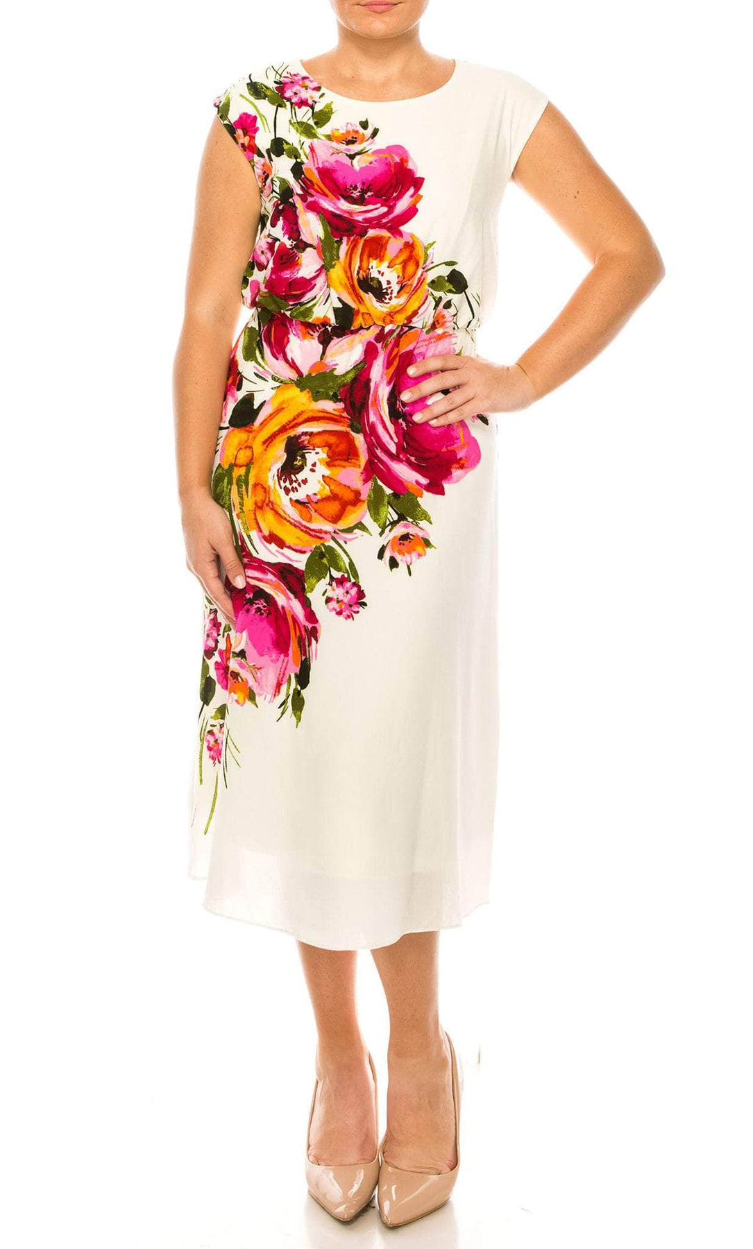 London Times T6088M - Floral Cap Sleeve Dress Special Occasion Dress 0 / Navy Coral
