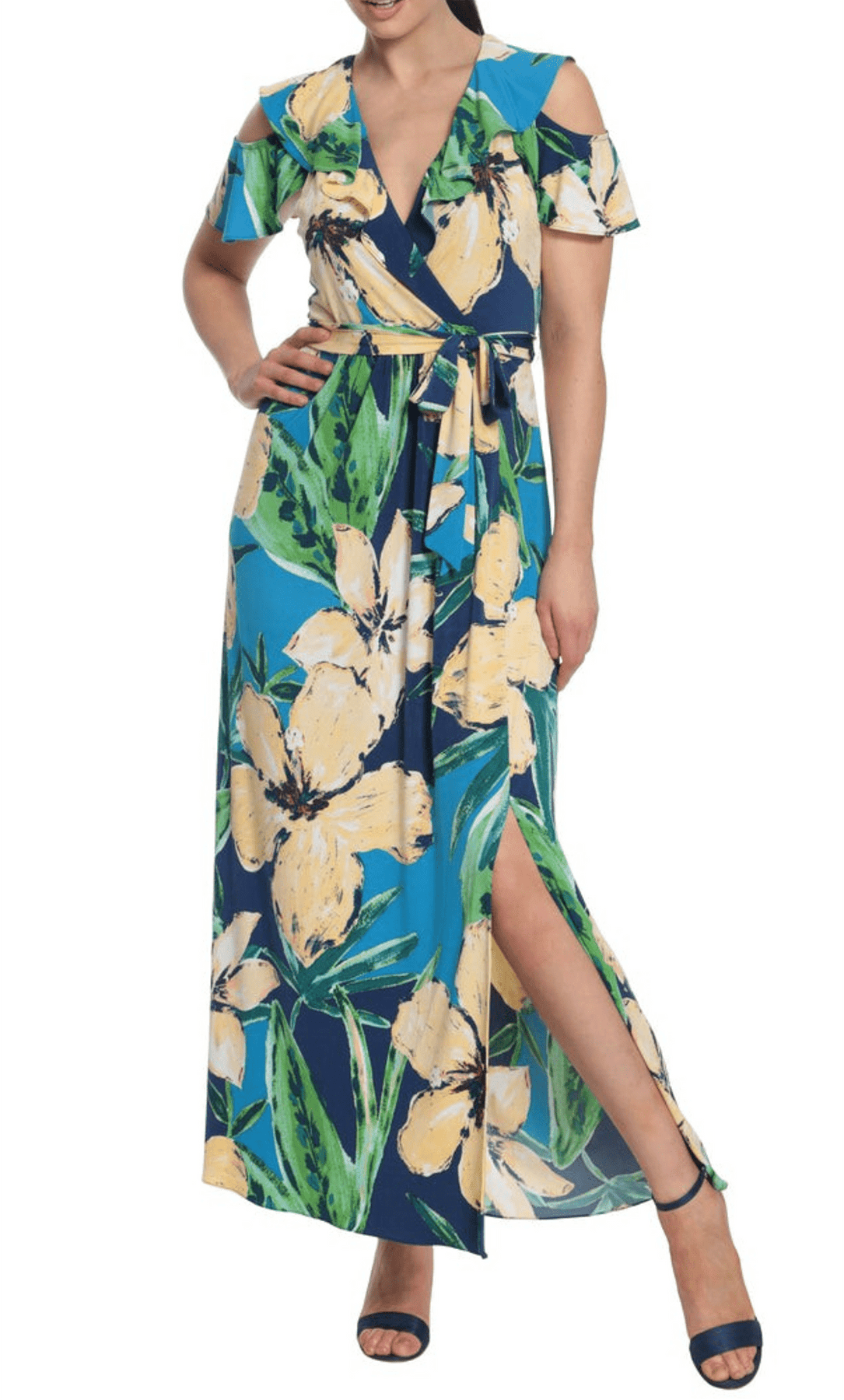 London Times T6230M - Cold Shoulder Floral Maxi Dress Special Occasion Dress 0 / Blue Yellow