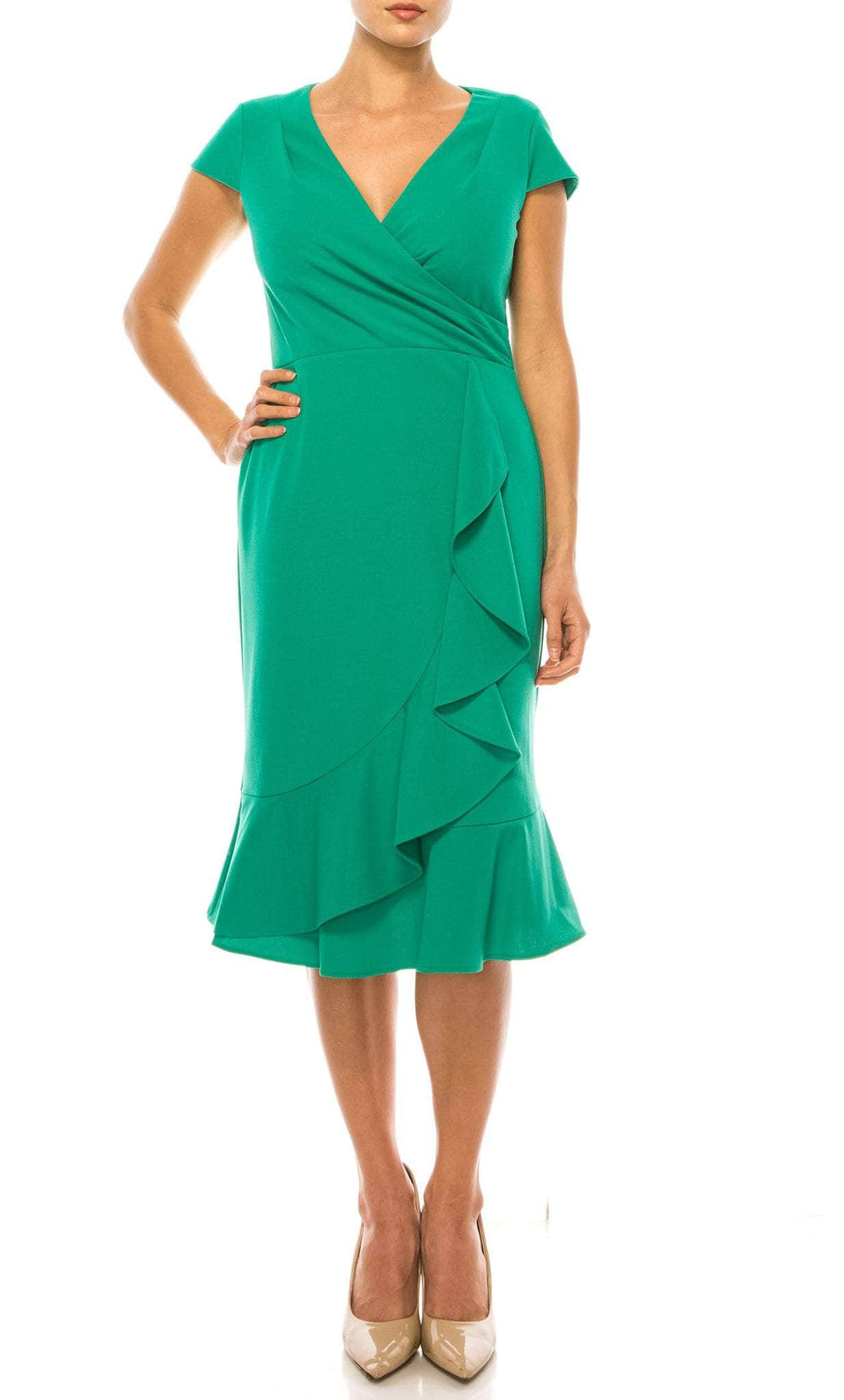 London Times T6702M - V-Neck Ruffle Drape Formal Dress Special Occasion Dress 0 / Viridis