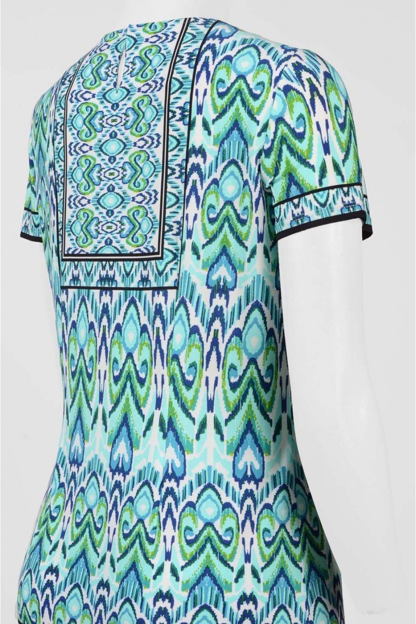 London Times - T2512M Short Sleeve Multi-Print Sheath Dress in Blue and Green