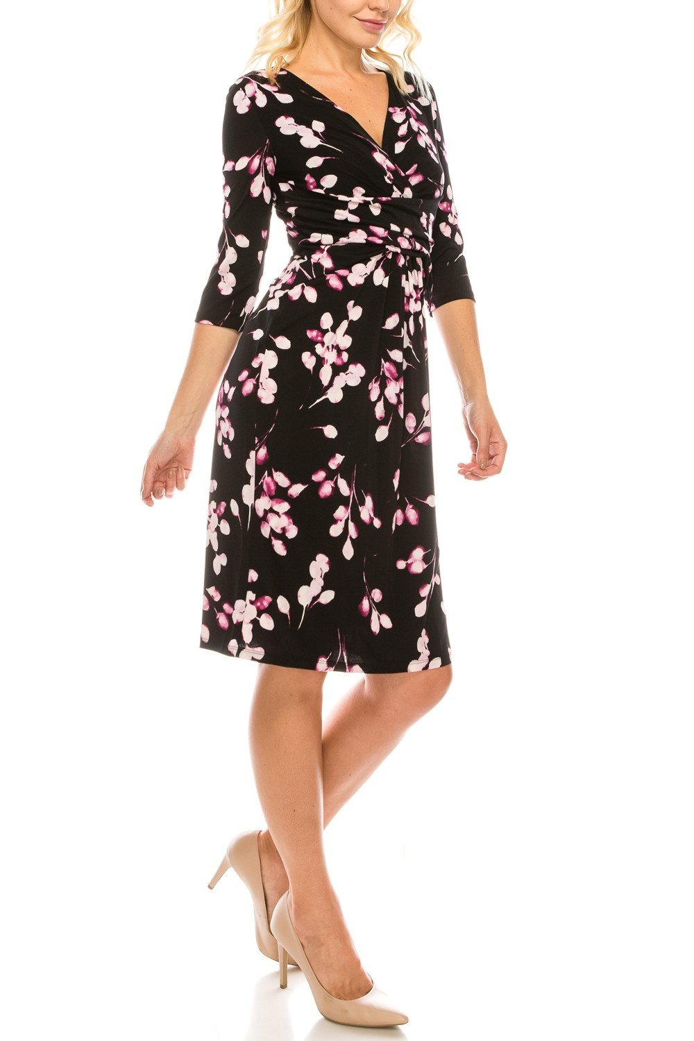 London Times - T3866M Floral Printed V-Neck Cocktail Dress In Black and Purple