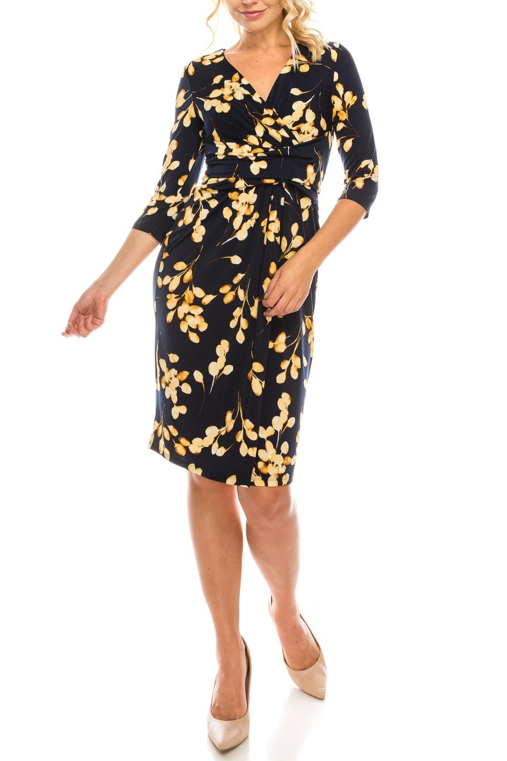 London Times - T3866M Floral Printed V-Neck Cocktail Dress In Blue and Gold