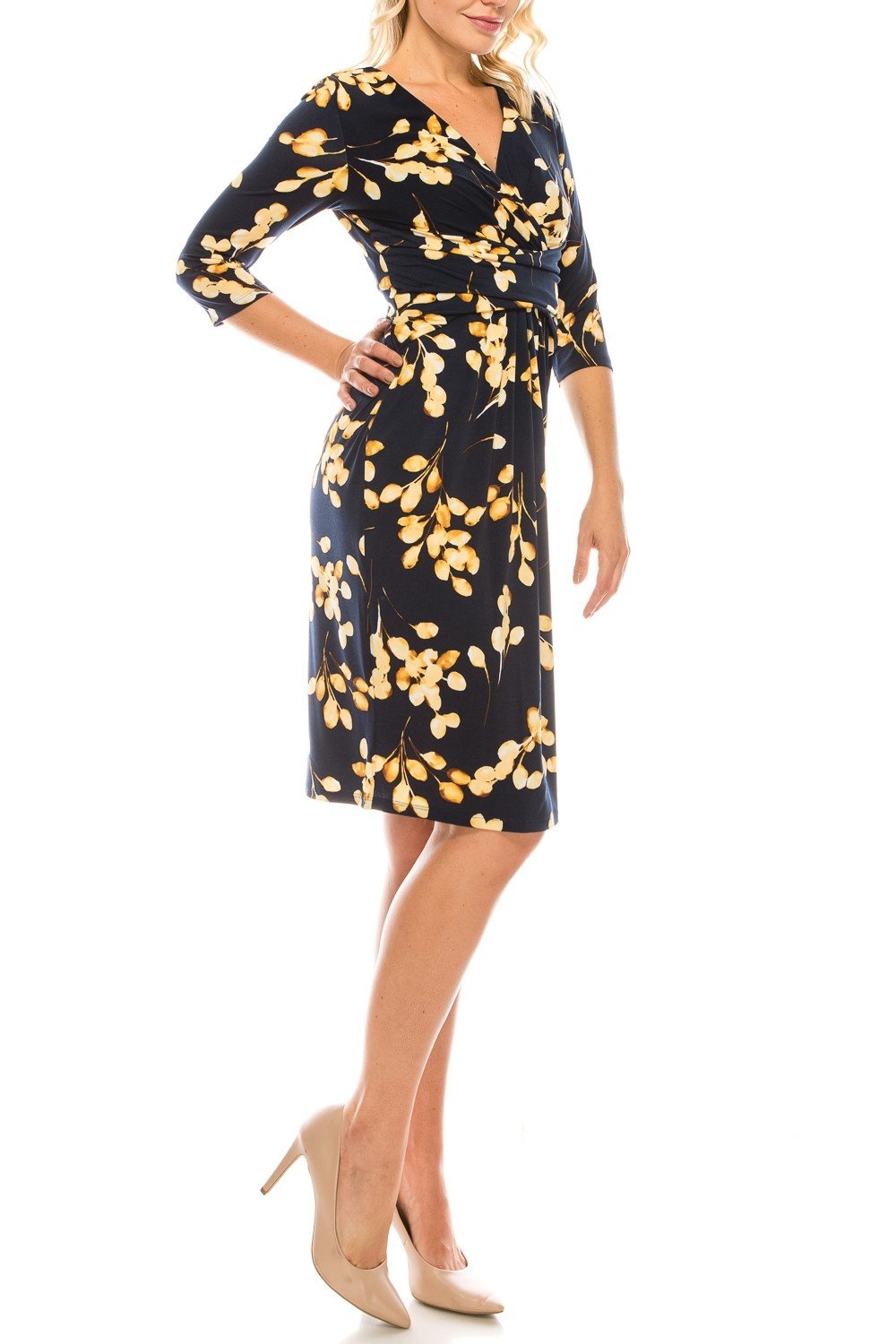 London Times - T3866M Floral Printed V-Neck Cocktail Dress In Blue and Gold