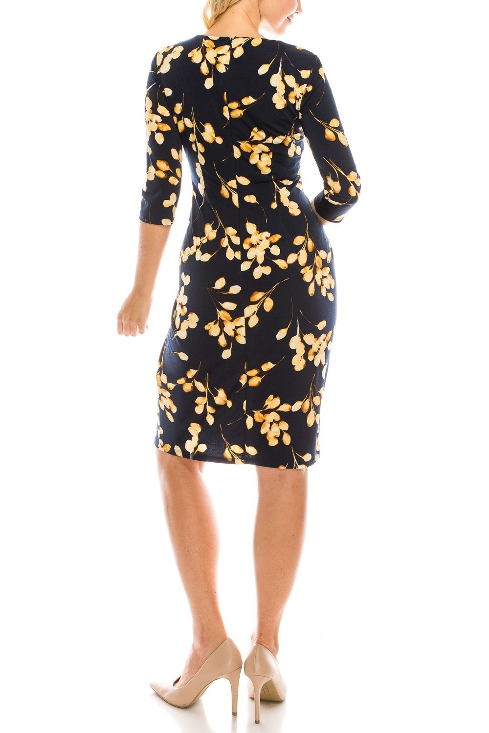 London Times - T3866M Floral Printed V-Neck Cocktail Dress In Blue and Gold