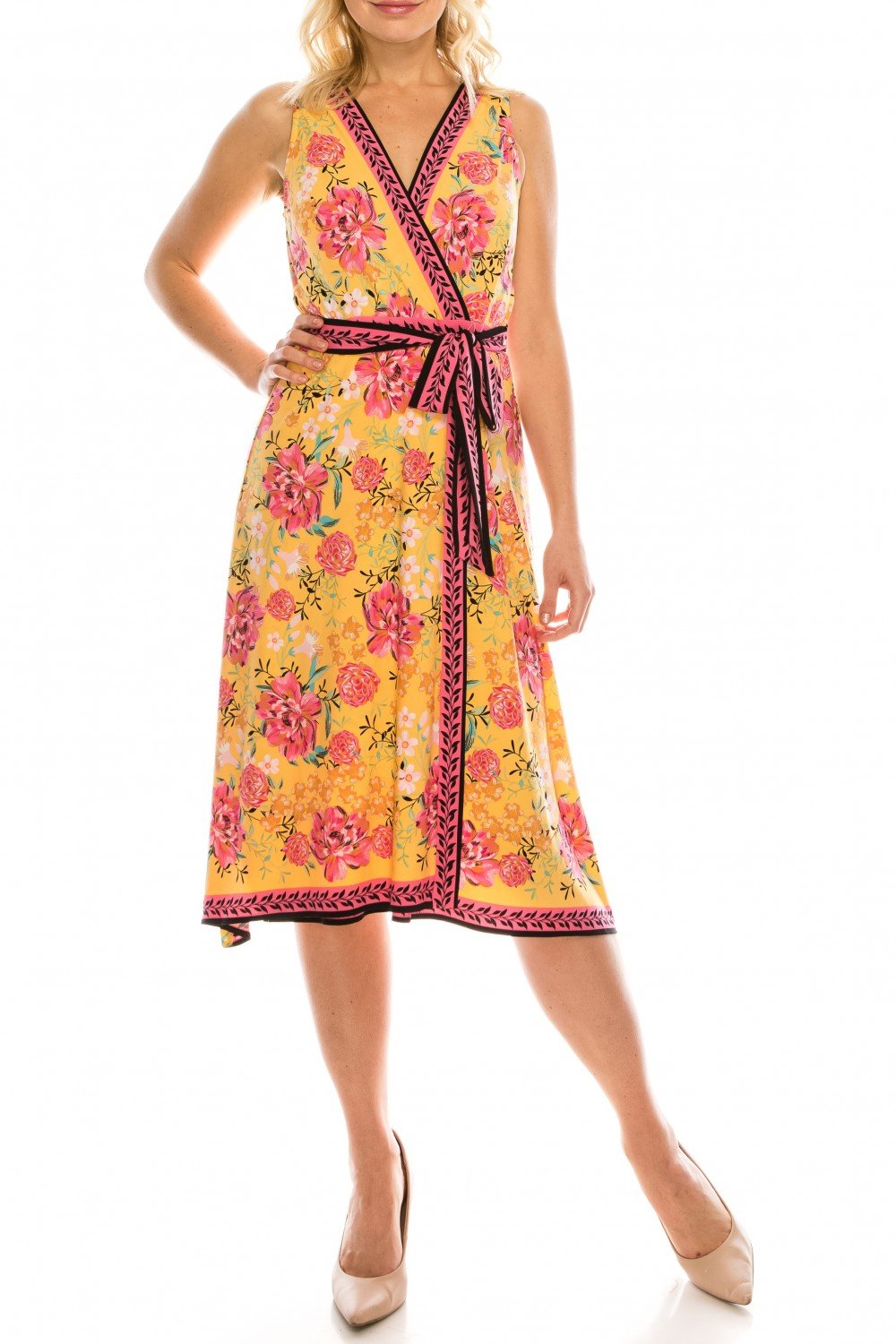 London Times - T4184M Floral Print V-Neck A-Line Dress In Yellow and Pink