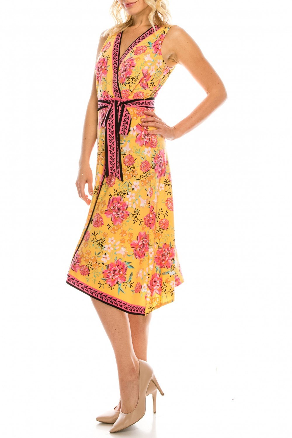 London Times - T4184M Floral Print V-Neck A-Line Dress In Yellow and Pink