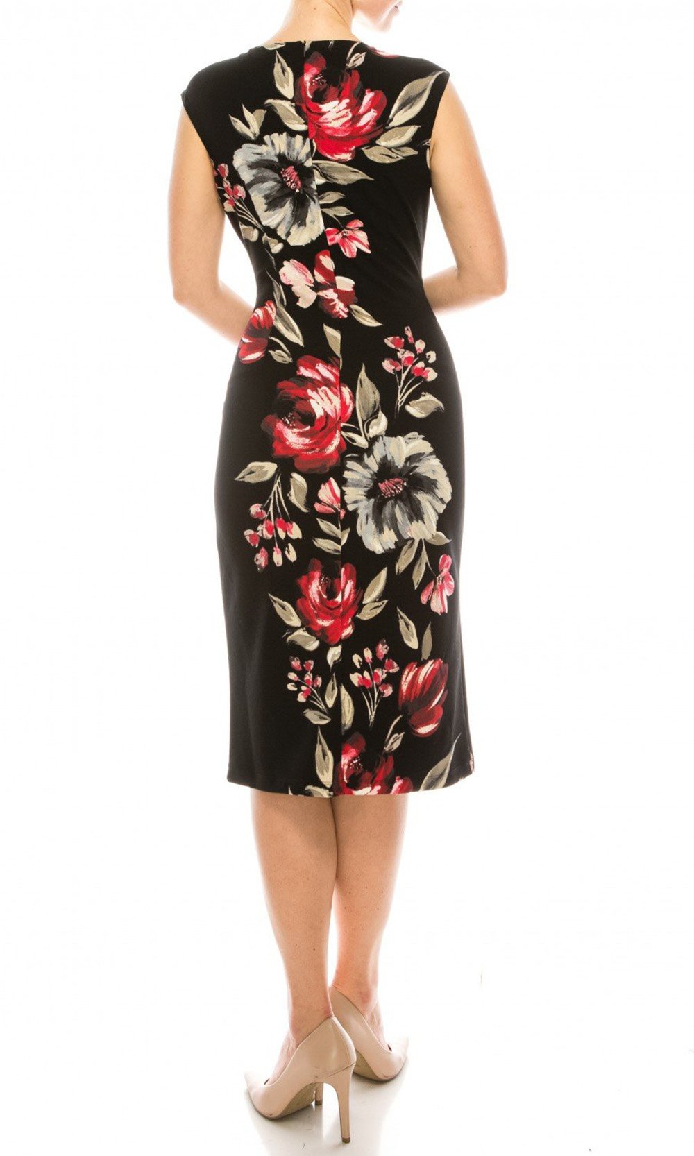 London Times - T5088M Painted Floral Print Knee Length Sheath Dress In Black and Red