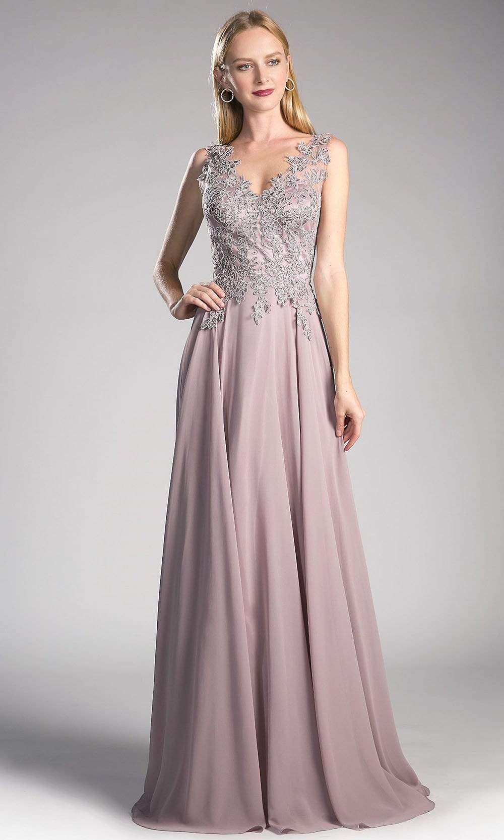 Cinderella Divine - 9177 Beaded Lace V-neck A-line Dress in Purple