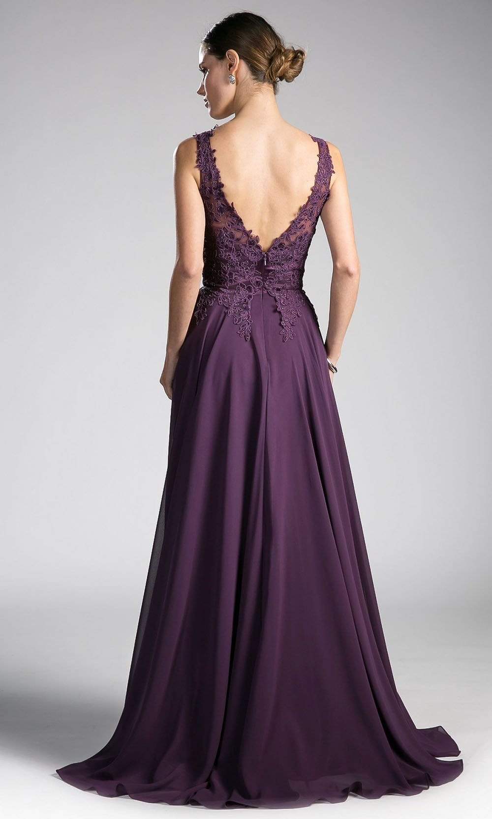 Cinderella Divine - 9177 Beaded Lace V-neck A-line Dress in Purple