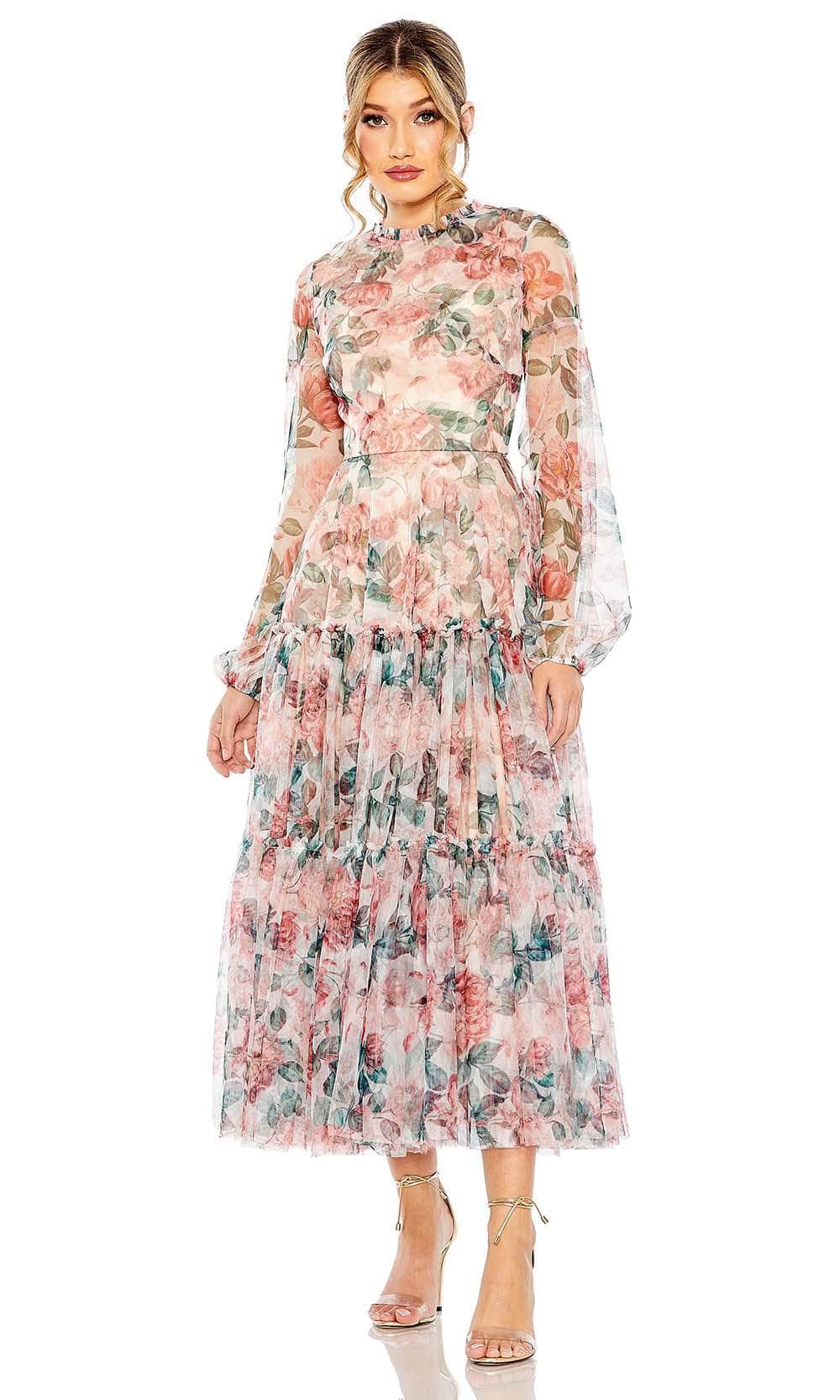 Mac Duggal - Multicolor Floral High Neck Balloon Sleeve Midi Dress - White Multi / US 16 Mac Duggal - Multicolor Floral High Neck Balloon Sleeve Midi Dress - White Multi / US 16