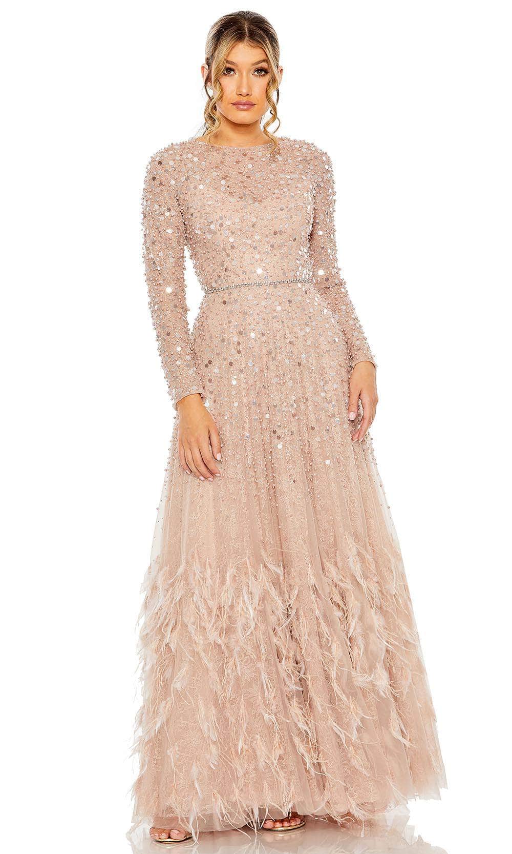 Mac Duggal 11782 - Long Hand Embellished Mesh Overlay A-Line Dress - Beaded Waist, Embellished Long Sleeves, Feather Fringed Skirt, Sheer Hem, Light Train, Hanging Beads, Closed Back, Full Zipper, Fully Lined Mac Duggal 11782 - Long Hand Embellished Mesh Overlay A-Line Dress - Beaded Waist, Embellished Long Sleeves, Feather Fringed Skirt, Sheer Hem, Light Train, Hanging Beads, Closed Back, Full Zipper, Fully Lined
