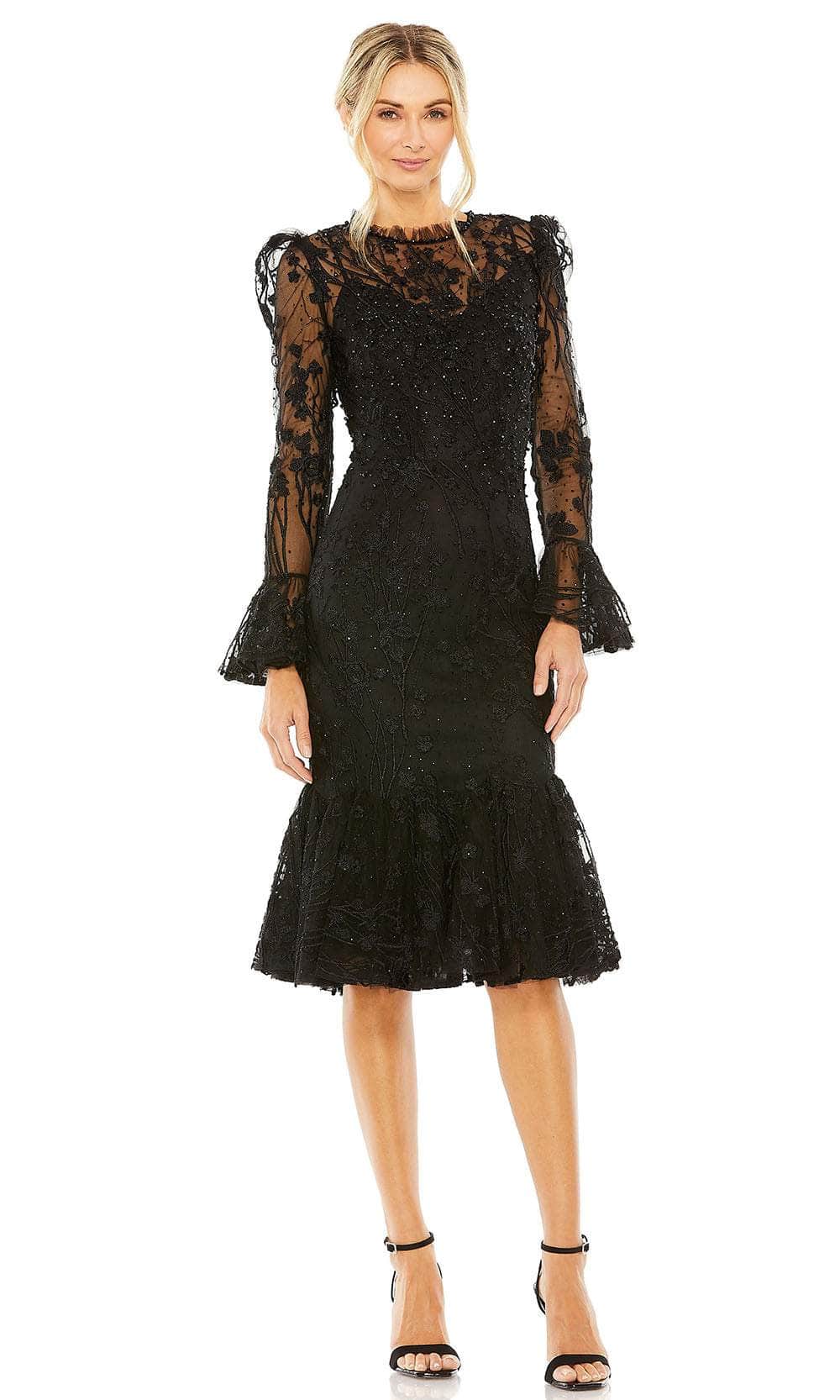 mac duggal black embellished floral long sleeve dress Mac Duggal 20431 - Tea Length Embellished Beaded Mesh Overlay Trumpet Dress