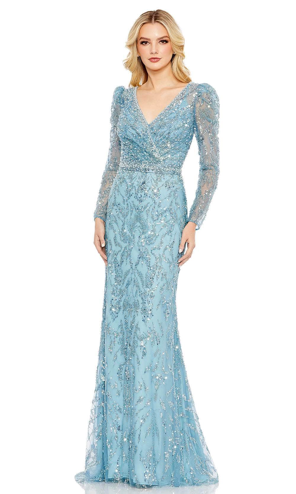 Mac Duggal 20442 - Long Sheer Sequin Embellished Mesh Overlay Sheath Dress - Long Puff Sleeve, Beaded, Sequin, Thin Waistband, Ruched, Illusion Full Back, Sweep Train ADASA Mac Duggal 20442 - Long Sheer Sequin Embellished Mesh Overlay Sheath Dress - Long Puff Sleeve, Beaded, Sequin, Thin Waistband, Ruched, Illusion Full Back, Sweep Train ADASA