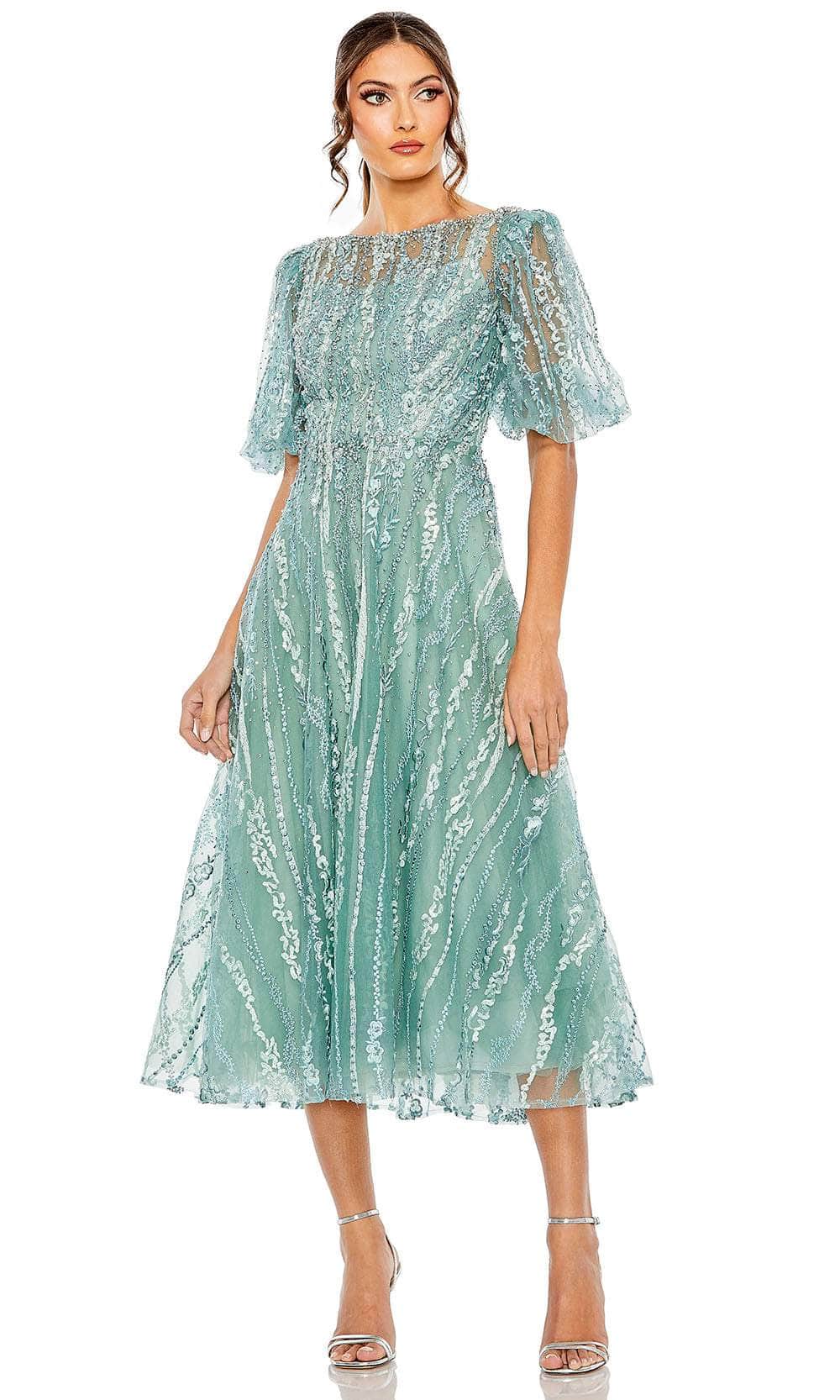 Mac Duggal 20485 - Tea Length Embellished Mesh A-Line Dress - Bead Embellished, Illusion Puff Sleeves, Full Back, Back Zipper ADASA Mac Duggal 20485 - Tea Length Embellished Mesh A-Line Dress - Bead Embellished, Illusion Puff Sleeves, Full Back, Back Zipper ADASA