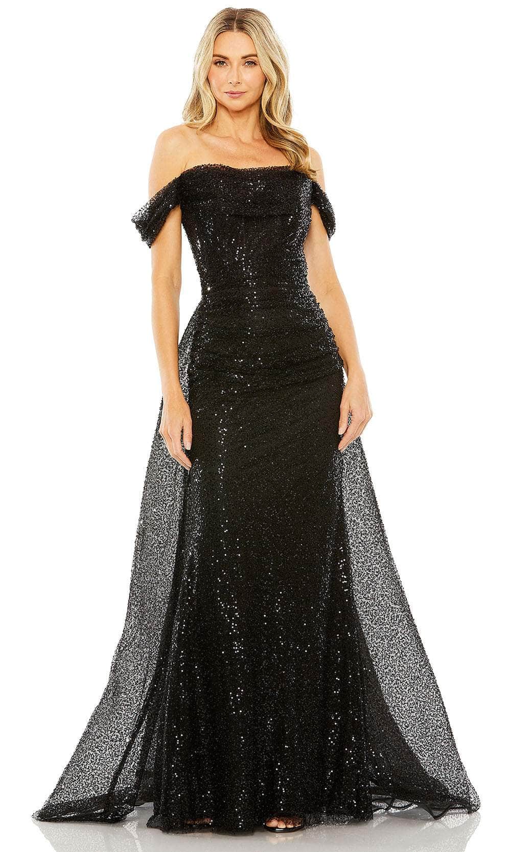 Mac Duggal 20515 - Long Sequin Mesh Sheath Dress - Off-Shoulder, Fitted Bodice, Overskirt, Back Zipper Closure, Train ADASA Mac Duggal 20515 - Long Sequin Mesh Sheath Dress - Off-Shoulder, Fitted Bodice, Overskirt, Back Zipper Closure, Train ADASA