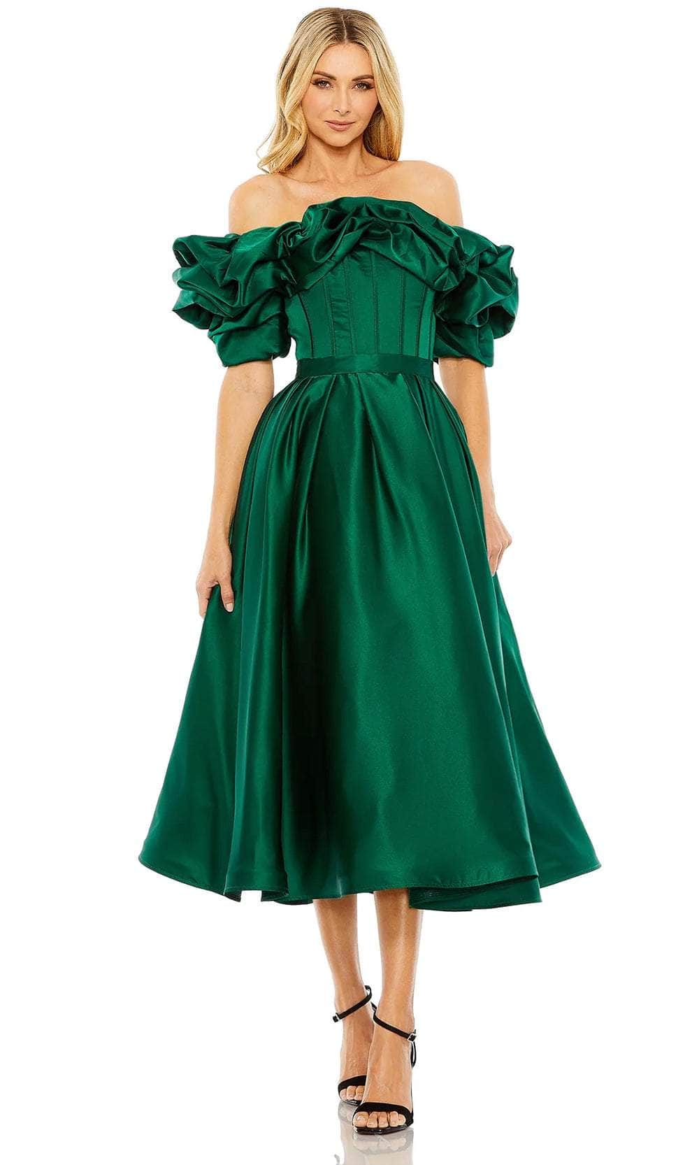 Mac Duggal - Off The Shoulder Tea Length Dress - Emerald Mac Duggal - Off The Shoulder Tea Length Dress - Emerald
