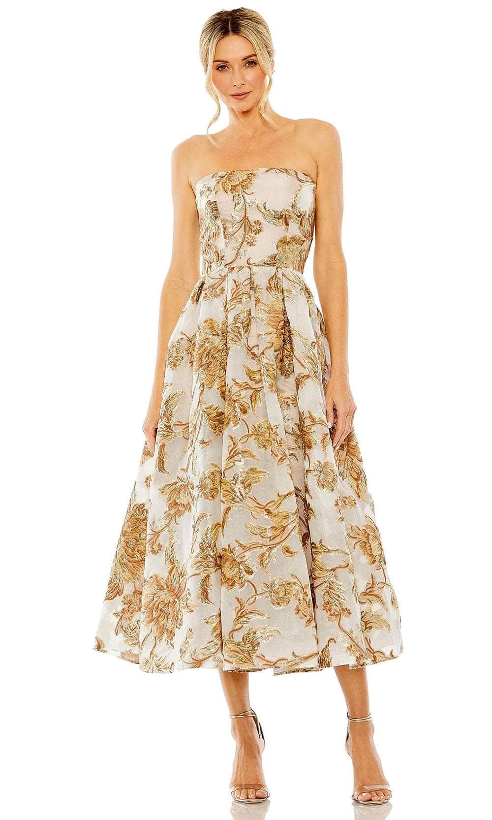 Mac Duggal 20716 - Tea Length Brocade A-Line Dress - Fitted, Strapless, Sleeveless, Floral Prints, Princess Seams, Pleated Skirt, Mid-Open Back, Back Zipper ADASA Mac Duggal 20716 - Tea Length Brocade A-Line Dress - Fitted, Strapless, Sleeveless, Floral Prints, Princess Seams, Pleated Skirt, Mid-Open Back, Back Zipper ADASA