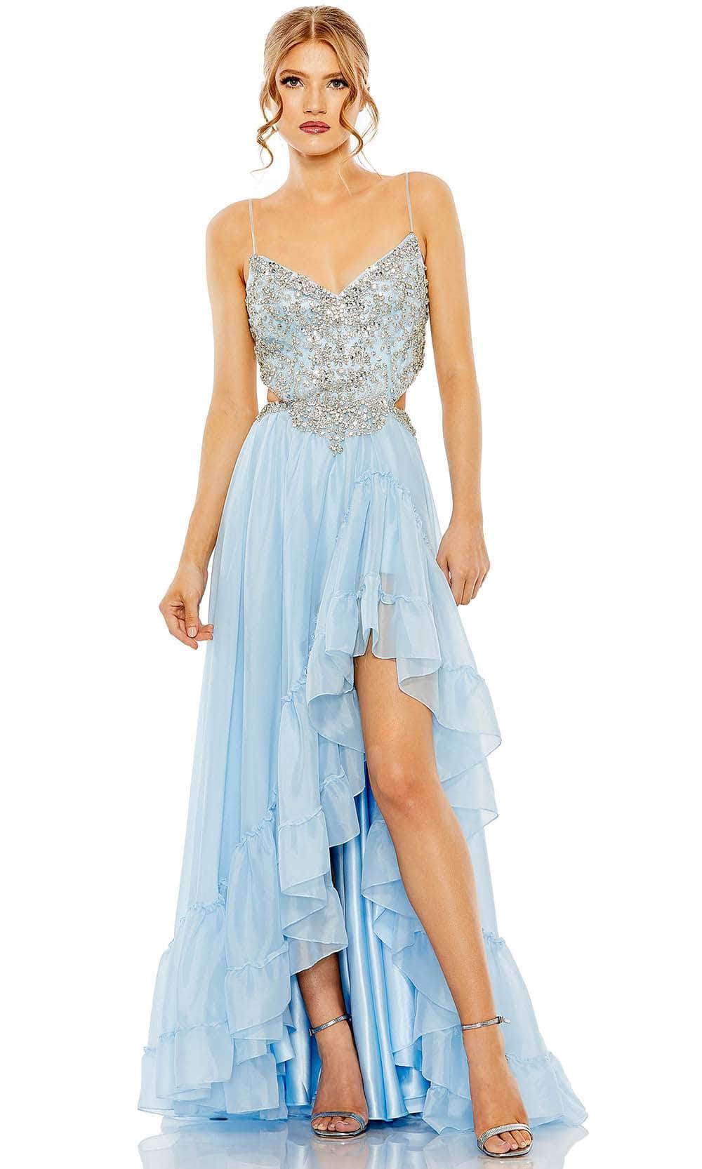 Mac Duggal 2212 - Long Chiffon A-Line Dress - Spaghetti Straps, Sleeveless, Open Back, Back Zipper, Hem Through High Slit, Light Train, Fully Lined ADASA Mac Duggal 2212 - Long Chiffon A-Line Dress - Spaghetti Straps, Sleeveless, Open Back, Back Zipper, Hem Through High Slit, Light Train, Fully Lined ADASA
