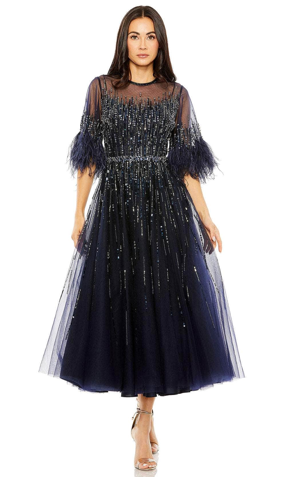 Mac Duggal 42097 - Tea Length A-Line Dress - Illusion Bodice, Quarter-Length Bell Sleeve, Feathers Accent, Beaded, Sequin, Thin Belt, Full Back, Back Zipper ADASA Mac Duggal 42097 - Tea Length A-Line Dress - Illusion Bodice, Quarter-Length Bell Sleeve, Feathers Accent, Beaded, Sequin, Thin Belt, Full Back, Back Zipper ADASA