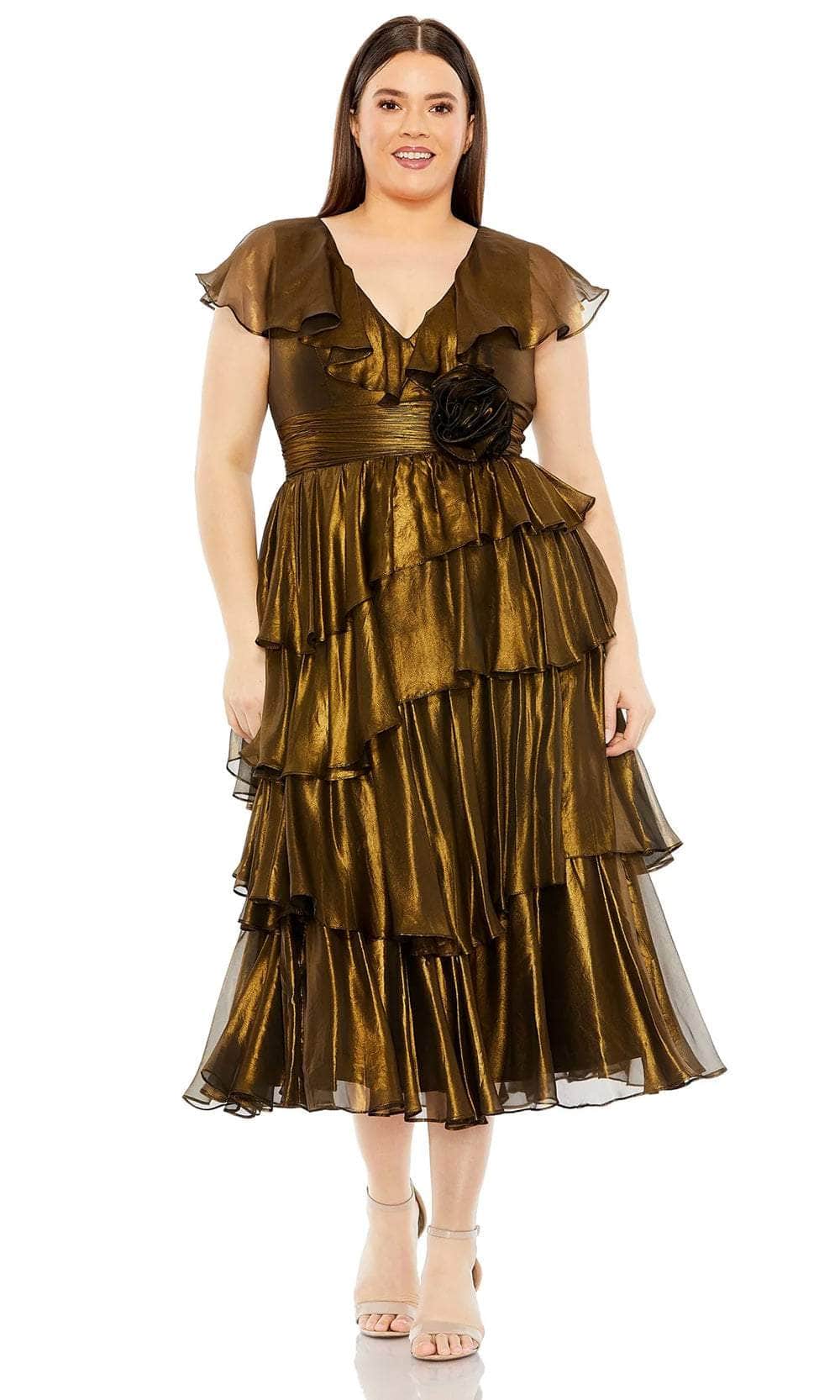 Mac Duggal 49775W - Tea Length Taffeta, A-Line Dress - Fitted, Short Flutter Sleeves, Rose Waist, Layered, Ruffles, Full Back, Back Zipper ADASA Mac Duggal 49775W - Tea Length Taffeta, A-Line Dress - Fitted, Short Flutter Sleeves, Rose Waist, Layered, Ruffles, Full Back, Back Zipper ADASA