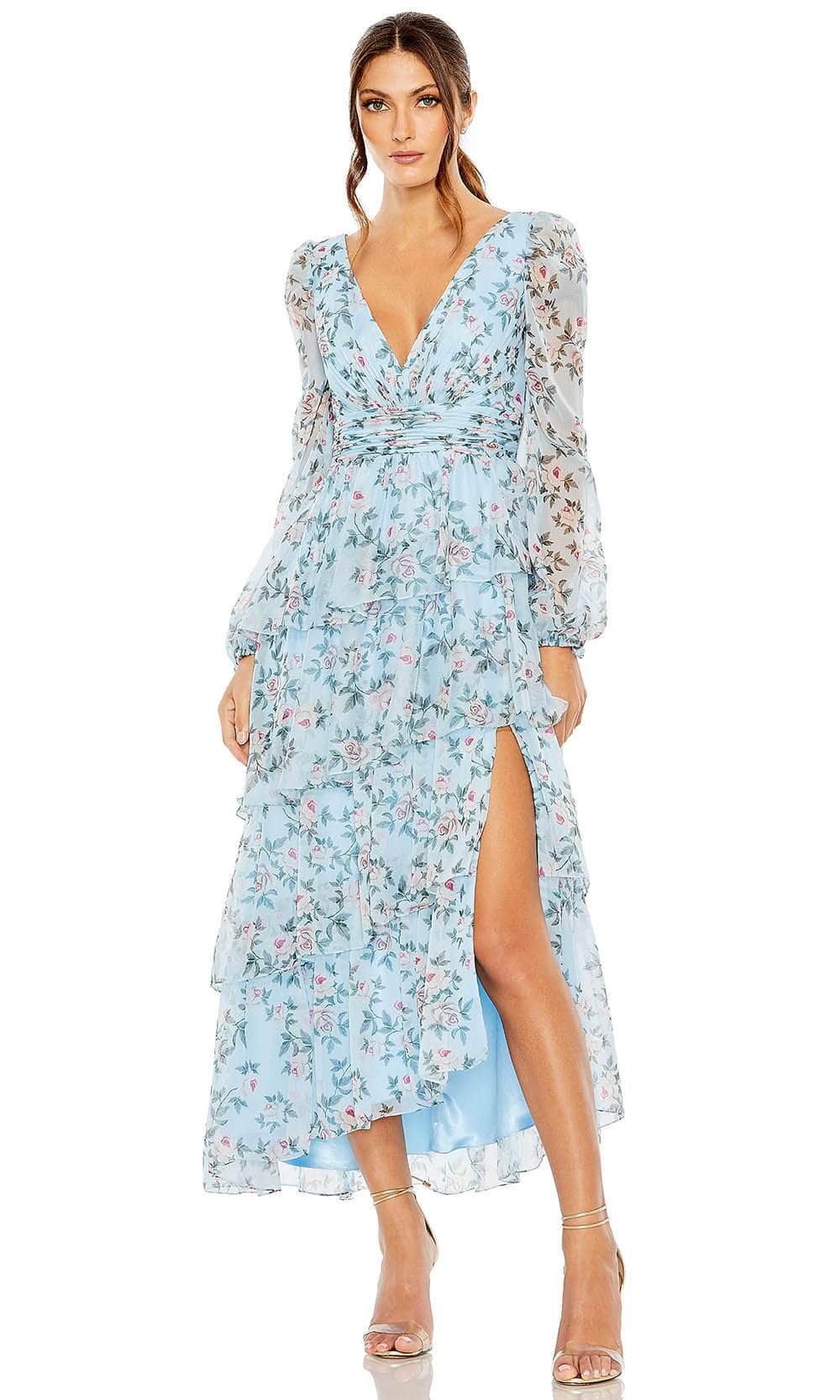 Mac Duggal Floral Chiffon Tiered Midi-Dress - Aqua Multi Mac Duggal Floral Chiffon Tiered Midi-Dress - Aqua Multi