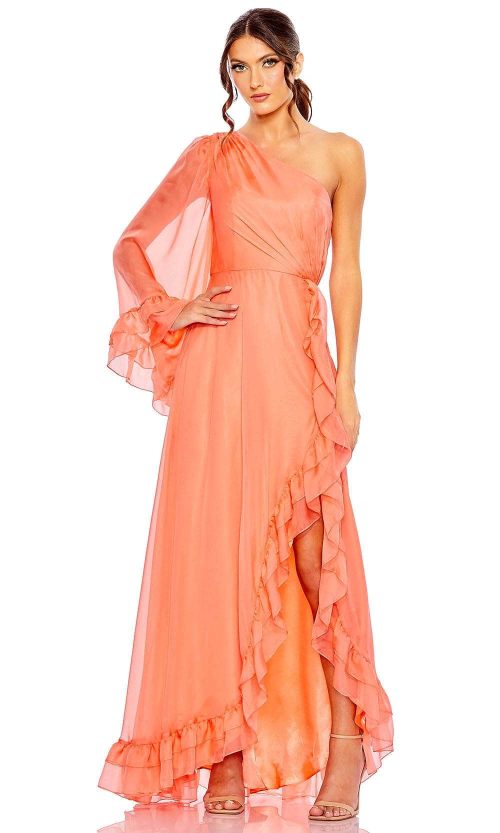 Mac Duggal 55924 - Long Chiffon A-Line Dress - One-Shoulder, Bell Sleeve, Ruffled Hem, Slit, Back Zipper Closure ADASA Mac Duggal 55924 - Long Chiffon A-Line Dress - One-Shoulder, Bell Sleeve, Ruffled Hem, Slit, Back Zipper Closure ADASA