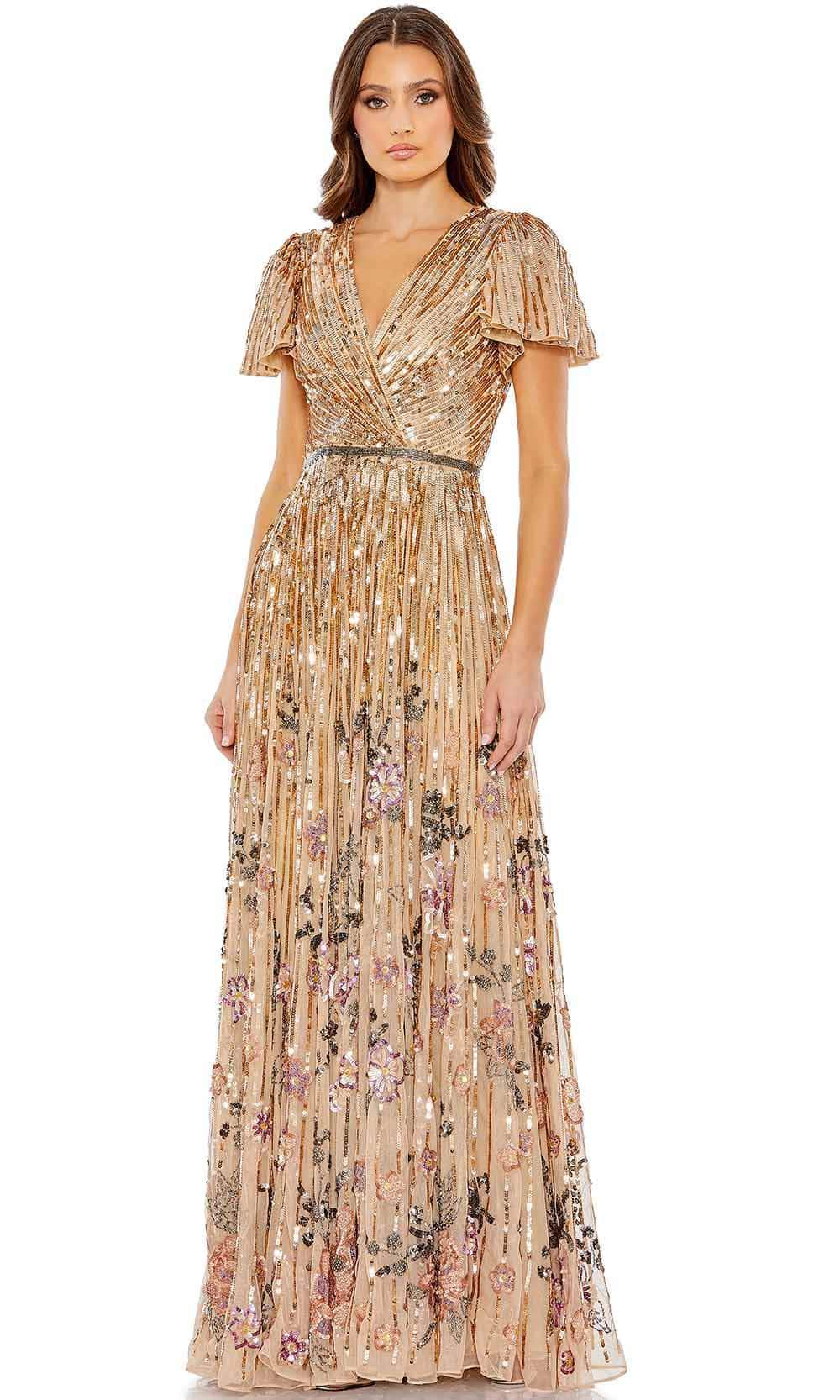 Mac Duggal 5637 - Long Sequined-Embellished Mesh A-Line Dress - Short Flounce Sleeves, Beaded Waist, Floral Detailed Skirt, Back Zipper Closure ADASA Mac Duggal 5637 - Long Sequined-Embellished Mesh A-Line Dress - Short Flounce Sleeves, Beaded Waist, Floral Detailed Skirt, Back Zipper Closure ADASA