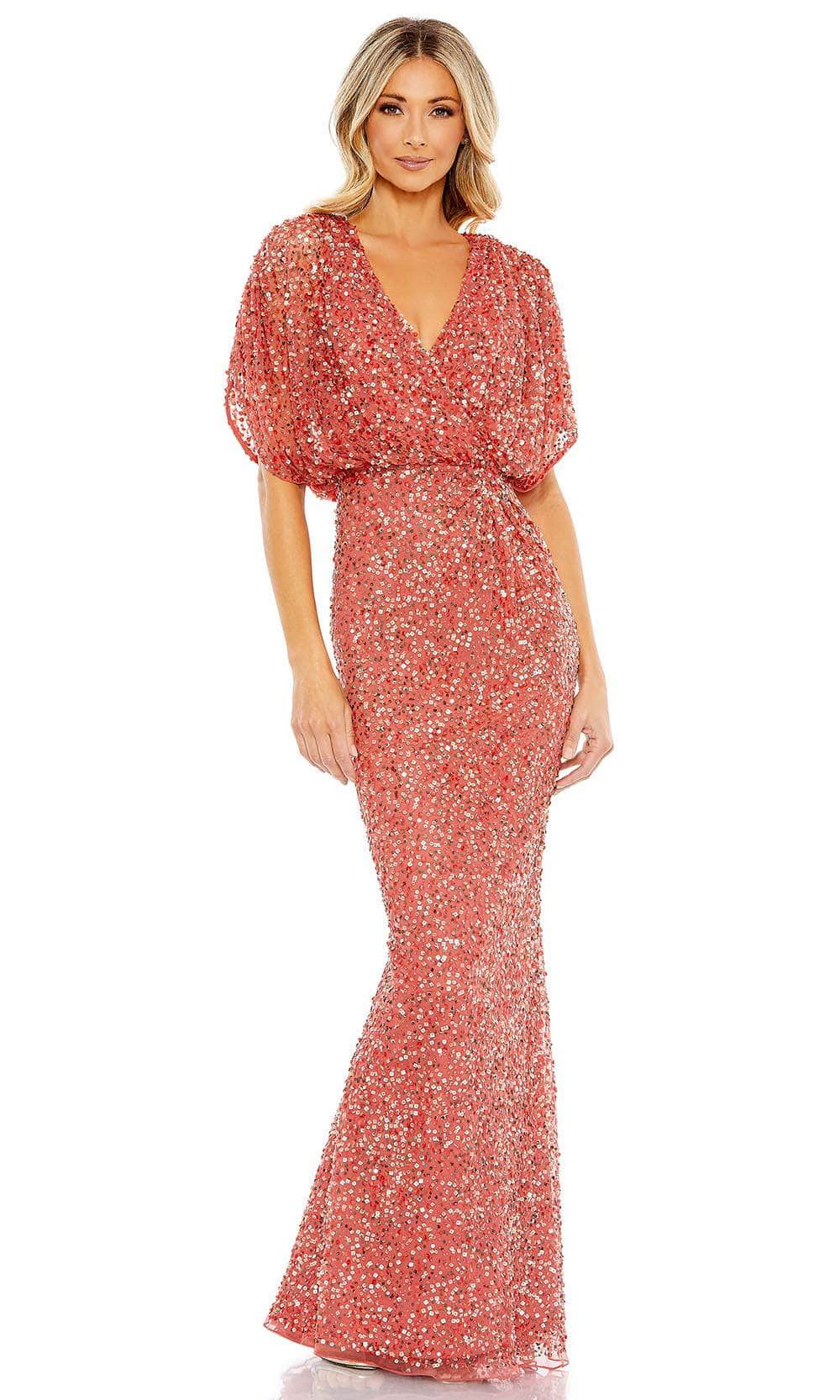Mac Duggal - Red Sequin Draped Sleeve V-Neck Gown - US 6 Mac Duggal - Red Sequin Draped Sleeve V-Neck Gown - US 6
