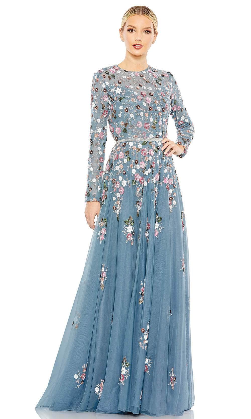 Mac Duggal 5721 - Long Hand-Embellished Embroidered Overlay A-Line Dress - Long Sleeves, Beaded Waist Detail, Floral Embroidery, Hand-Stitched Sequins, Back Zipper Closure, Train ADASA Mac Duggal 5721 - Long Hand-Embellished Embroidered Overlay A-Line Dress - Long Sleeves, Beaded Waist Detail, Floral Embroidery, Hand-Stitched Sequins, Back Zipper Closure, Train ADASA