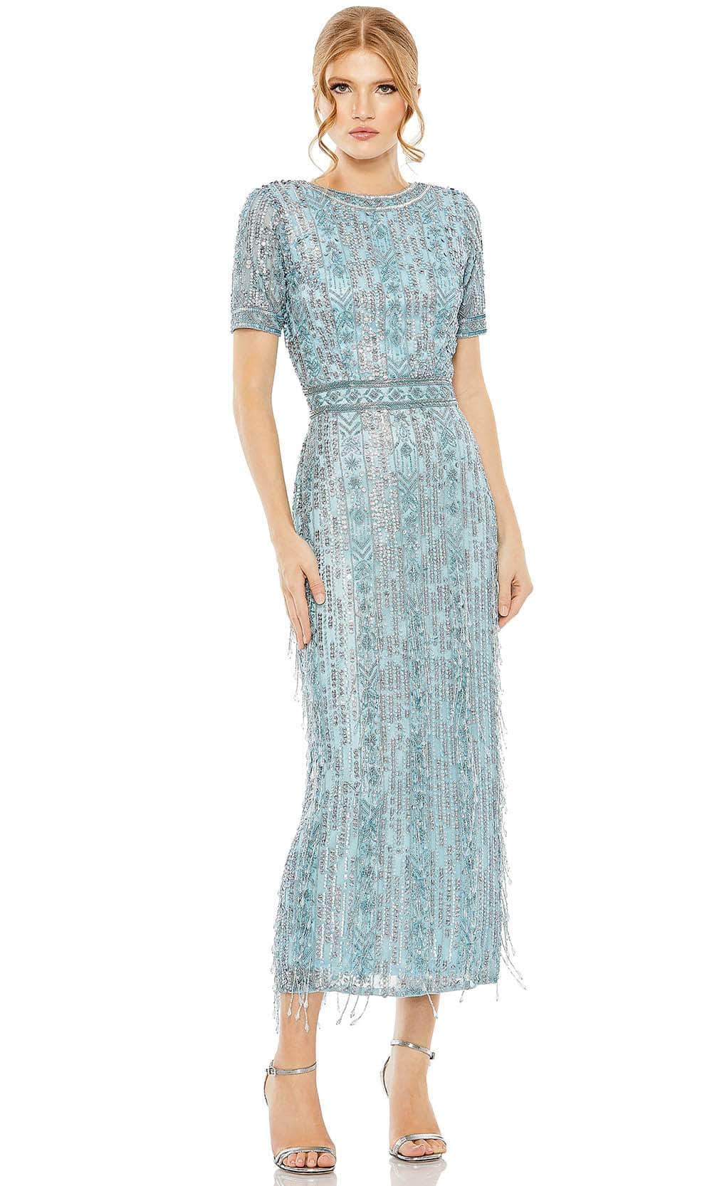 Mac Duggal - Blue High Neck Short Sleeve Crystal Fringe Sheath Dress - US 18 Mac Duggal - Blue High Neck Short Sleeve Crystal Fringe Sheath Dress - US 18