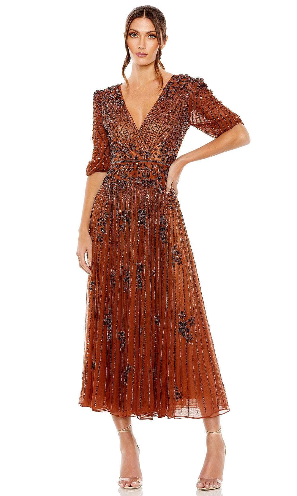 Mac Duggal 5995 - Tea Length Hand Embellished Mesh Overlay A-Line Dress - Sequin And Bead Embellished, Half Sleeves, Full Back, Back Zipper ADASA Mac Duggal 5995 - Tea Length Hand Embellished Mesh Overlay A-Line Dress - Sequin And Bead Embellished, Half Sleeves, Full Back, Back Zipper ADASA