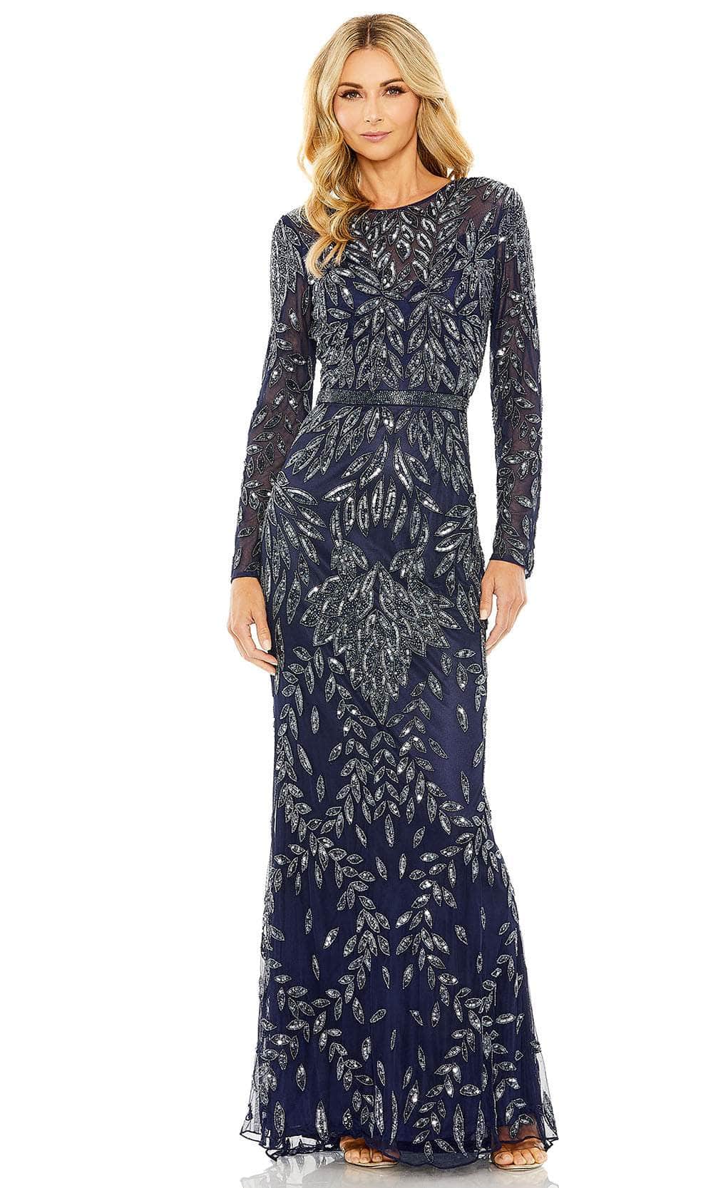 Mac Duggal - Navy Long Sleeve Illusion Neckline Embellished Gown - Midnight / US 10 Mac Duggal - Navy Long Sleeve Illusion Neckline Embellished Gown - Midnight / US 10
