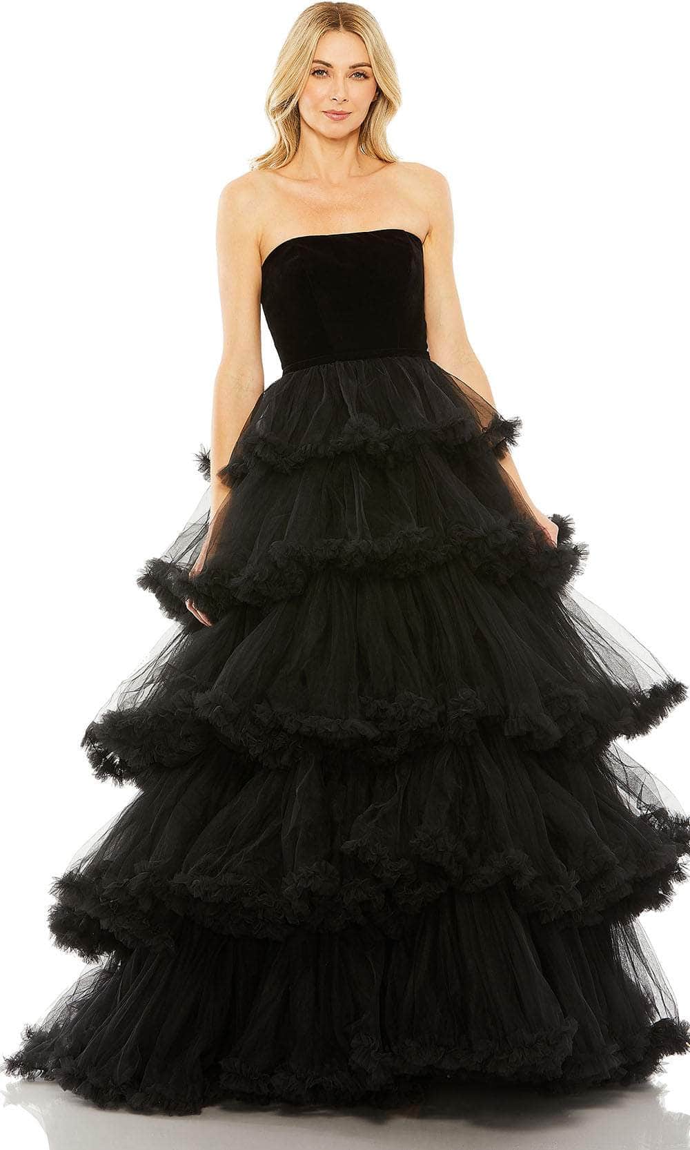 Mac Duggal 67408 - Long Tulle Ballgown Dress - Strapless, Ruffle Tiered Skirt, Back Zipper Closure, Seams ADASA Mac Duggal 67408 - Long Tulle Ballgown Dress - Strapless, Ruffle Tiered Skirt, Back Zipper Closure, Seams ADASA