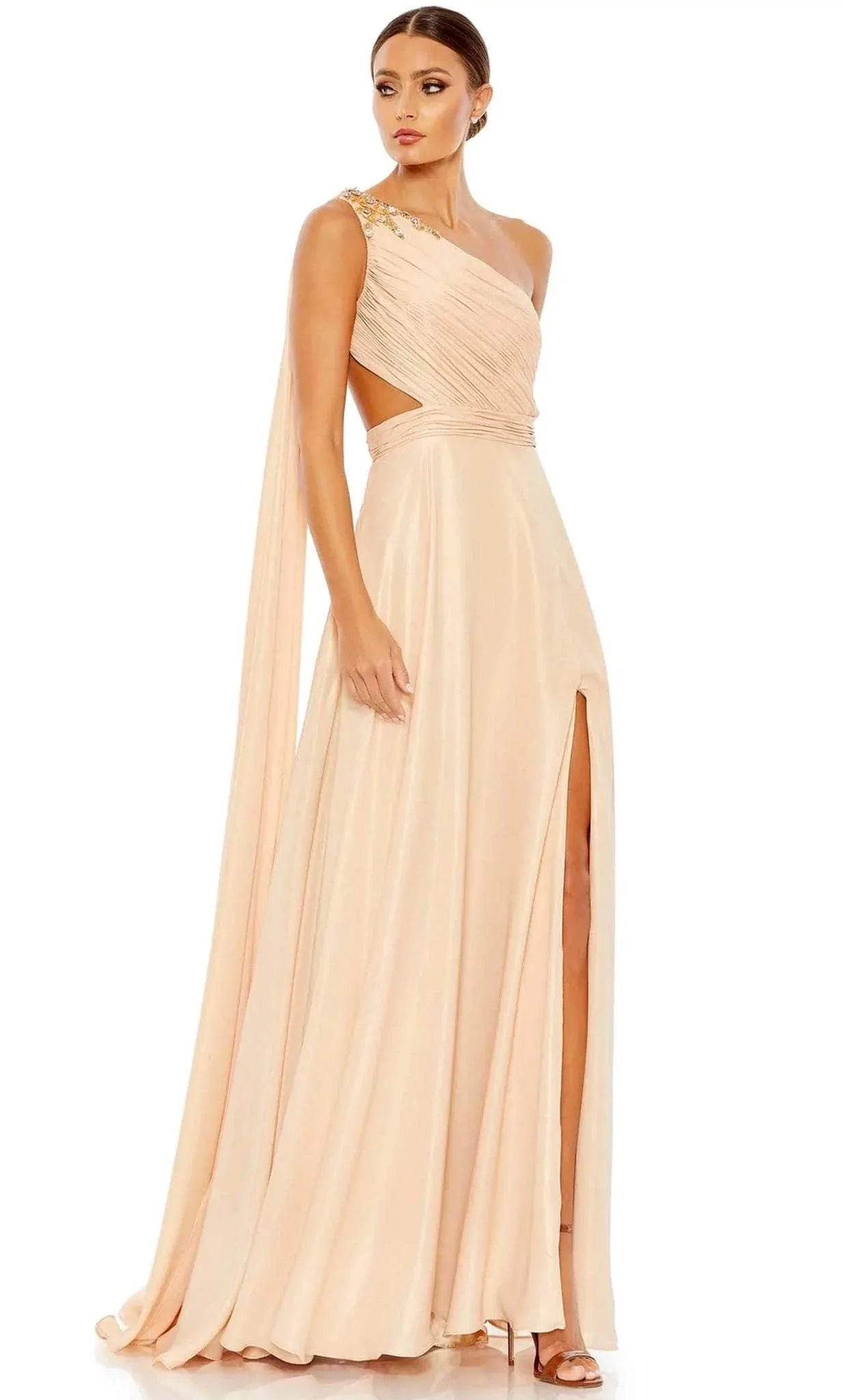 Mac Duggal - Beige One Shoulder Open Back Flowy Gown - Gold/Nude / US 14 Mac Duggal - Beige One Shoulder Open Back Flowy Gown - Gold/Nude / US 14