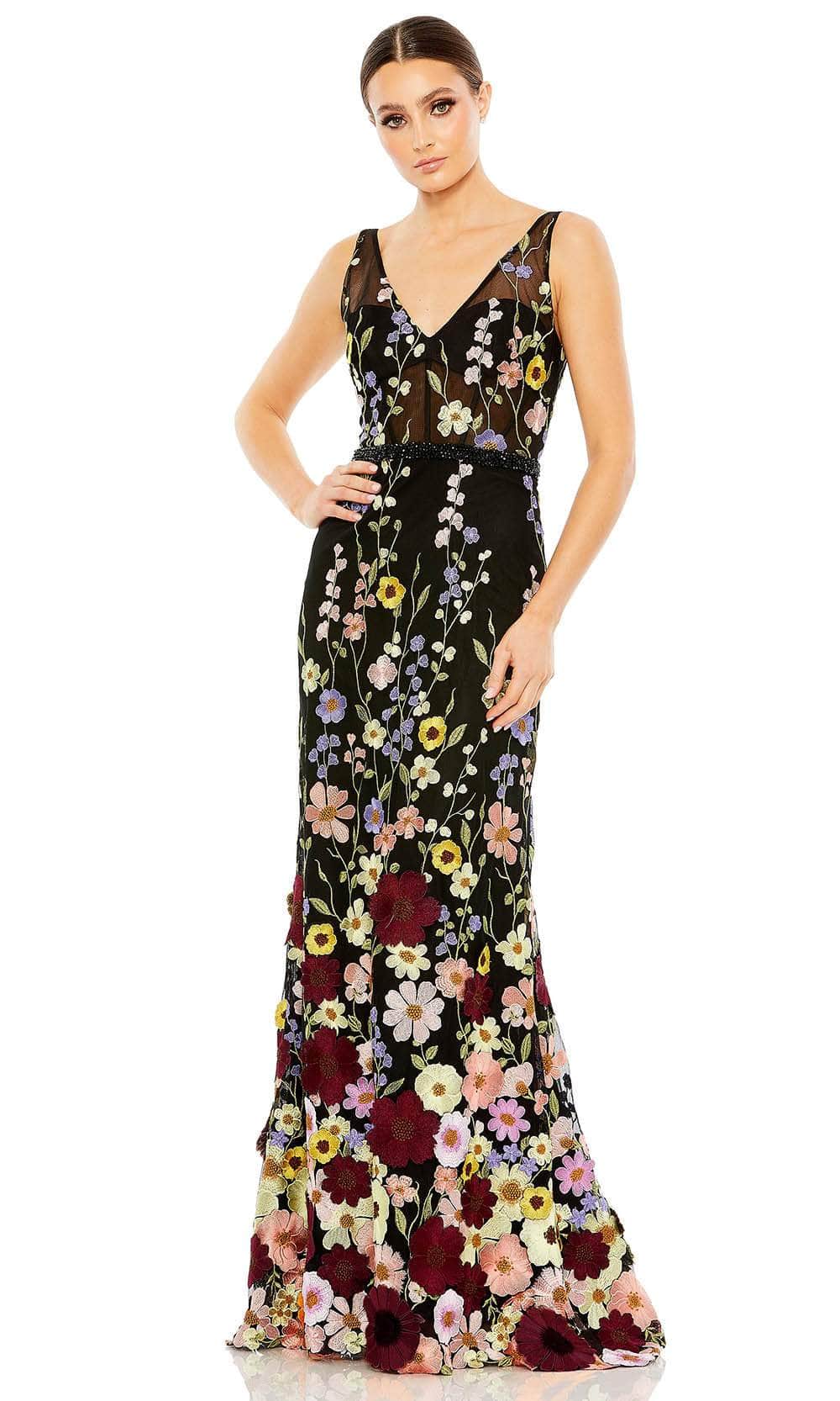 Mac Duggal Embroidered Tulle V-Neck Gown - Black Multi Mac Duggal Embroidered Tulle V-Neck Gown - Black Multi