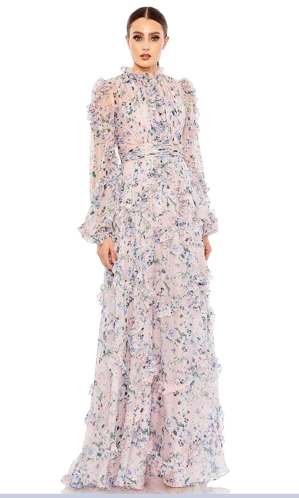 Mac Duggal 68232 - Long Chiffon A-Line Dress - Long Puff Sleeves, Floral Print, Ruched Bodice, Cummerbund, Tiered Skirt, Concealed Back Zipper, Full Back ADASA Mac Duggal 68232 - Long Chiffon A-Line Dress - Long Puff Sleeves, Floral Print, Ruched Bodice, Cummerbund, Tiered Skirt, Concealed Back Zipper, Full Back ADASA