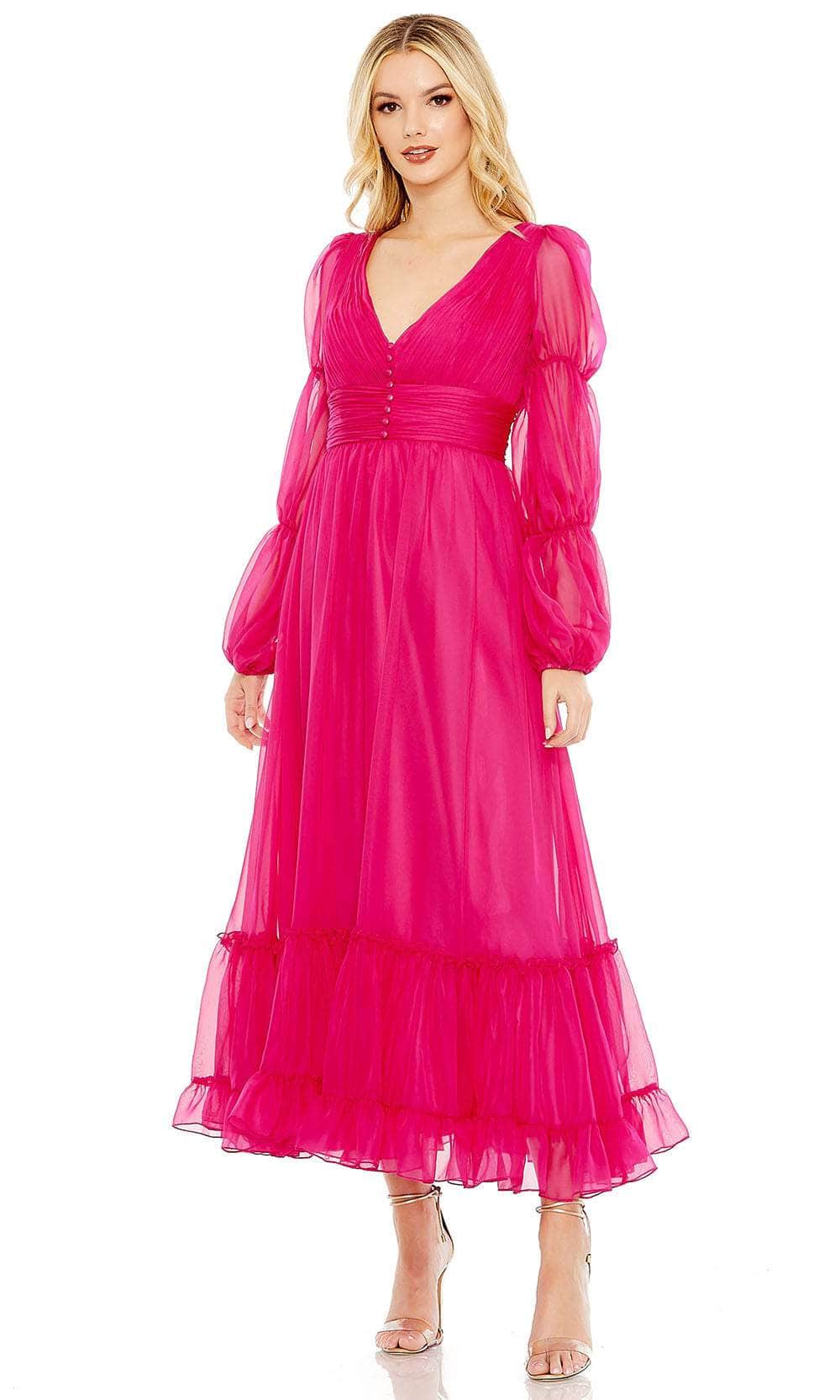 Mac Duggal 68254 - Tea Length Chiffon Overlay A-Line Dress - Fully Lined Through Bodice And Skirt, Sheer Unlined Sleeves, Long Puff Tiered Sleeves, Pleated Cummerbund, Ruffle Tiered Skirt, V-Open Back, Zipper Mac Duggal 68254 - Tea Length Chiffon Overlay A-Line Dress - Fully Lined Through Bodice And Skirt, Sheer Unlined Sleeves, Long Puff Tiered Sleeves, Pleated Cummerbund, Ruffle Tiered Skirt, V-Open Back, Zipper