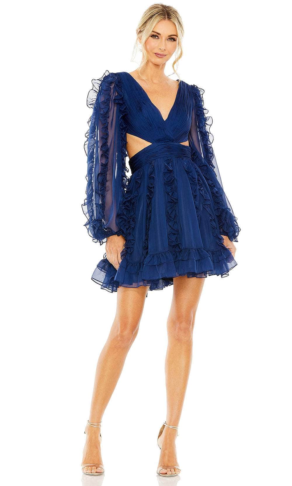 Mac Duggal 68418 - Short Chiffon Fabric A-Line Dress - Ruffle Long Puff Sleeves, Side Cut-Out, Pleated Details, Open Back, Lace-Up, Tiered Ruffled Mini Skirt, ADASA Mac Duggal 68418 - Short Chiffon Fabric A-Line Dress - Ruffle Long Puff Sleeves, Side Cut-Out, Pleated Details, Open Back, Lace-Up, Tiered Ruffled Mini Skirt, ADASA
