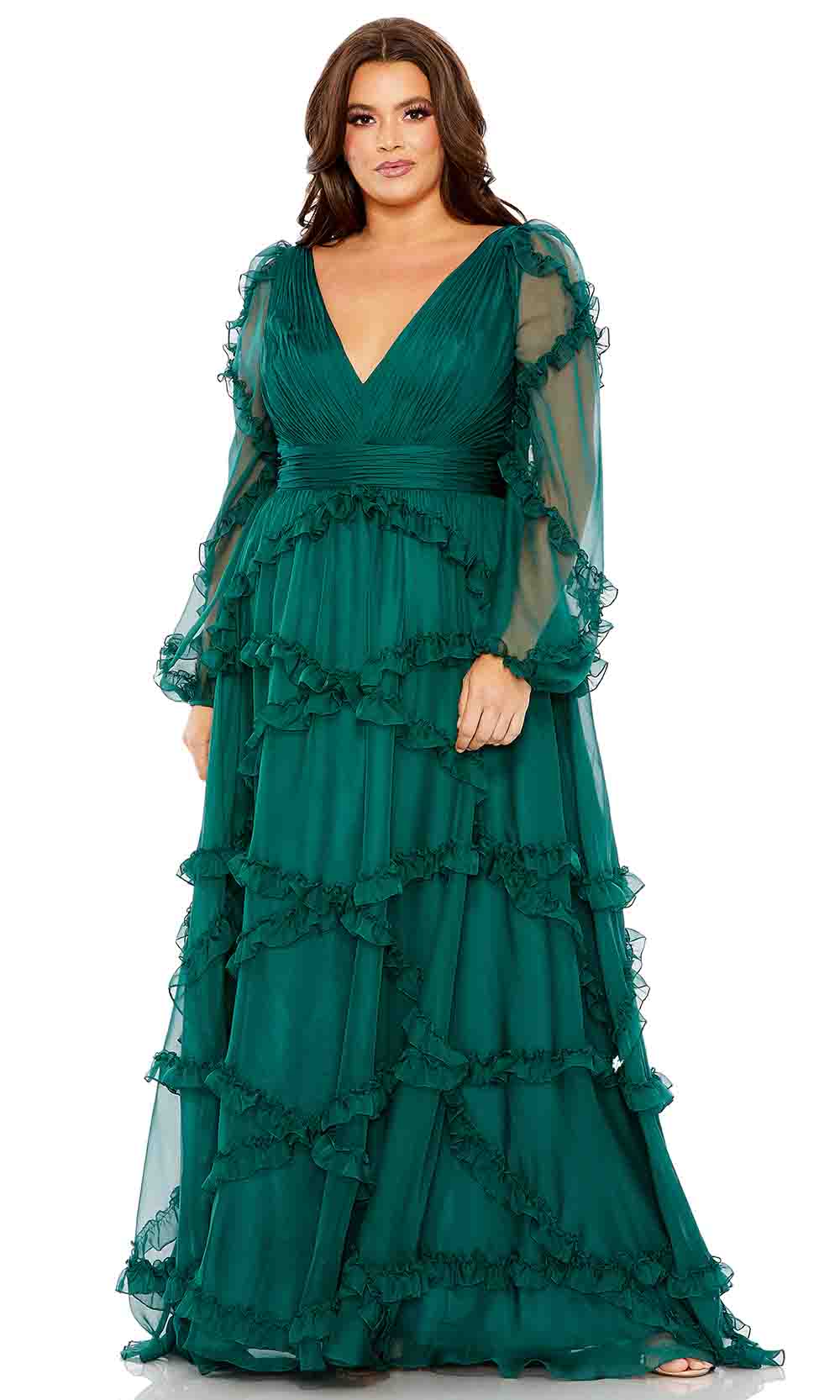 Mac Duggal 68425 - Long Mesh A-Line Dress - Sheer Ruffled Long Sleeves, Pleated Bodice, Lattice Ruffled, Sweep Train ADASA Mac Duggal 68425 - Long Mesh A-Line Dress - Sheer Ruffled Long Sleeves, Pleated Bodice, Lattice Ruffled, Sweep Train ADASA