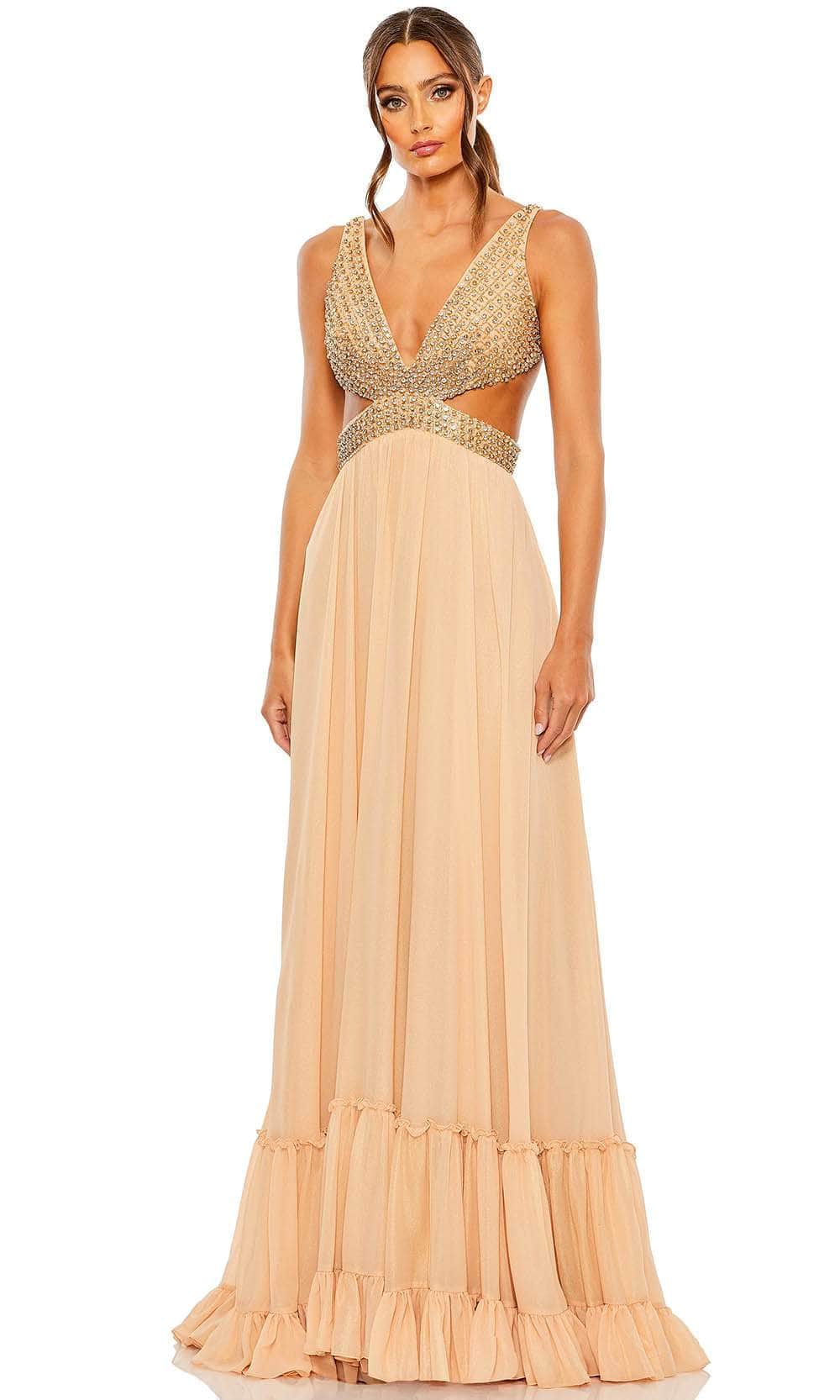 Mac Duggal 68465 - Long Sequined Mesh Overlay A-Line Dress - Sequins, Rhinestones, Sleeveless, Side Cutouts, Ruffled, Sweep Train, Lace Up Back ADASA Mac Duggal 68465 - Long Sequined Mesh Overlay A-Line Dress - Sequins, Rhinestones, Sleeveless, Side Cutouts, Ruffled, Sweep Train, Lace Up Back ADASA