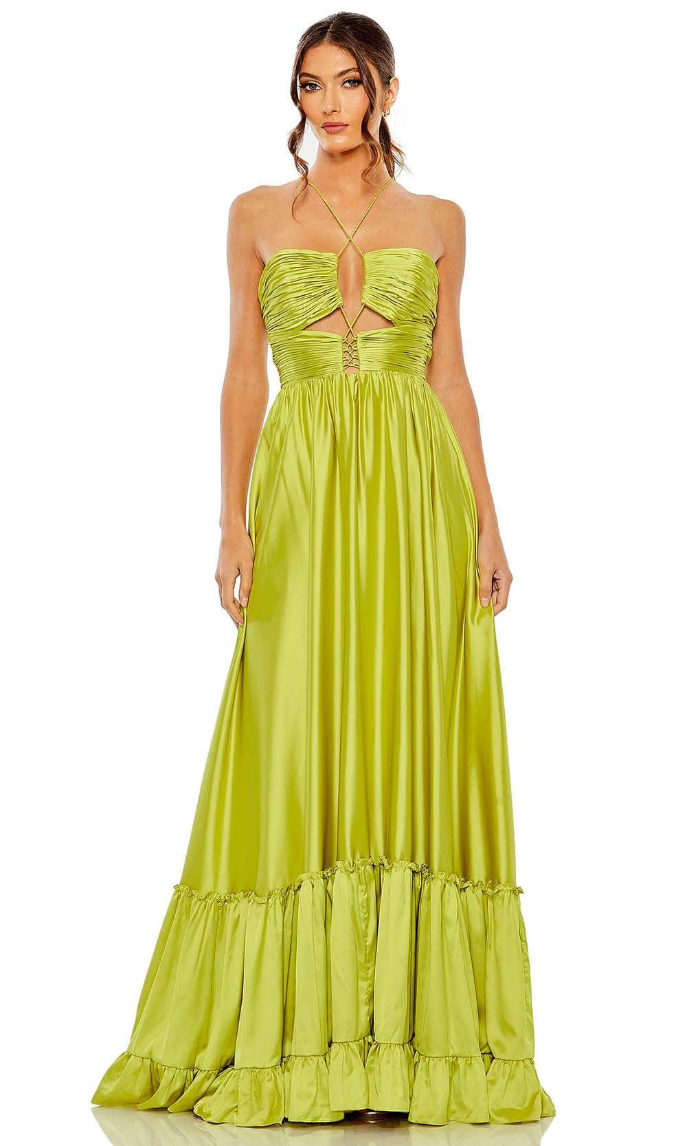 Mac Duggal 68486 - Long Satin A-Line Dress - Sleeveless, Ruched, Cutout, Lace-Up Back, Ruffle, Tiered, Sweep Train ADASA Mac Duggal 68486 - Long Satin A-Line Dress - Sleeveless, Ruched, Cutout, Lace-Up Back, Ruffle, Tiered, Sweep Train ADASA