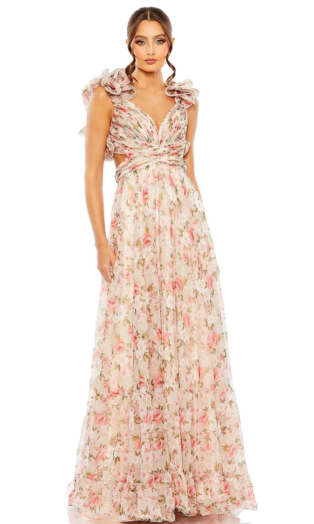 Mac Duggal 68519 - Long Chiffon A-Line Dress - Ruffle Cap Sleeves, Lace-Up Tie, Cummerbund, Side Cut-Out, Back Zipper Closure ADASA Mac Duggal 68519 - Long Chiffon A-Line Dress - Ruffle Cap Sleeves, Lace-Up Tie, Cummerbund, Side Cut-Out, Back Zipper Closure ADASA