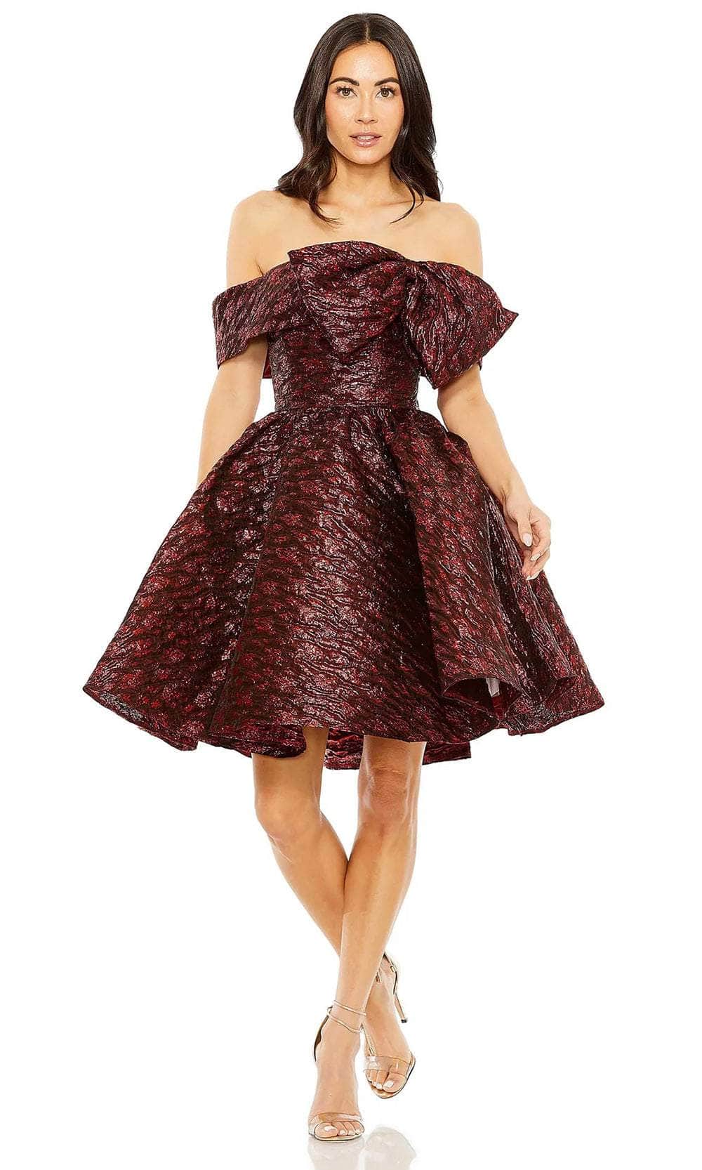 Mac Duggal 68622 - Short Brocade A-Line Dress - Bow, Ruffles, Mid-Open Back, Back Zipper, Mid-Thigh Length ADASA Mac Duggal 68622 - Short Brocade A-Line Dress - Bow, Ruffles, Mid-Open Back, Back Zipper, Mid-Thigh Length ADASA