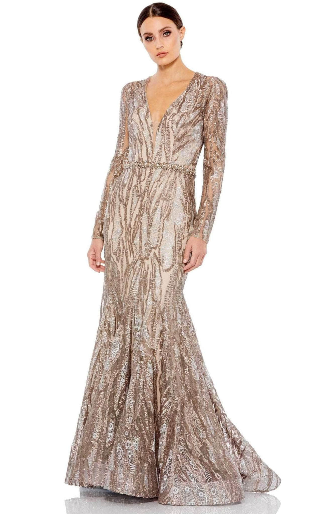 Mac Duggal 79358 - Plunging Neckline Embellished Evening Gown Evening Dresses 4 / Taupe