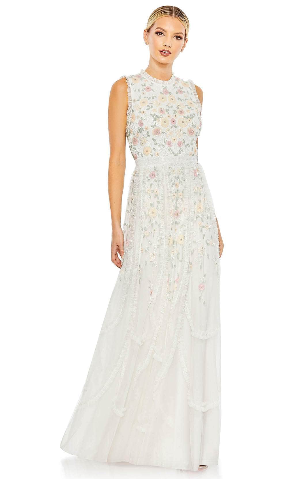 Mac Duggal 9137 - Long Beaded Mesh A-Line Dress - Fully Lined, Ruffle Trims, Full Back, Zipper Closure, Floral Embellished, Full Length Hem ADASA Mac Duggal 9137 - Long Beaded Mesh A-Line Dress - Fully Lined, Ruffle Trims, Full Back, Zipper Closure, Floral Embellished, Full Length Hem ADASA